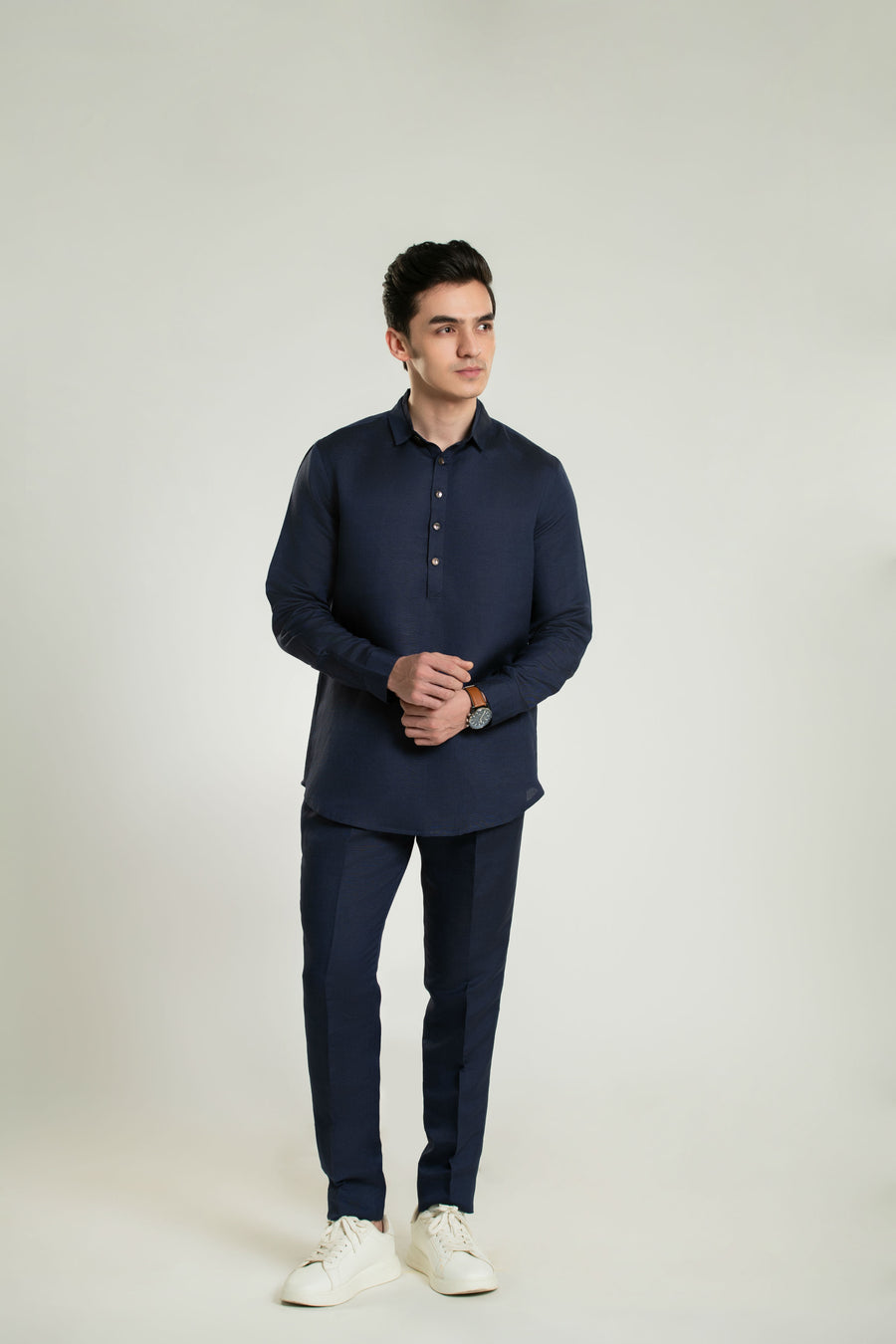 Styled Point Collar Linen Lounge Shirt Short Kurta