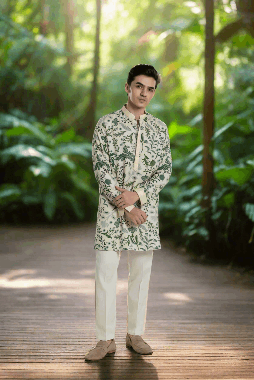 Men's Printed Mid-length Kurta Pant Set with Anchor Thread Detailing Kurta Pant Set