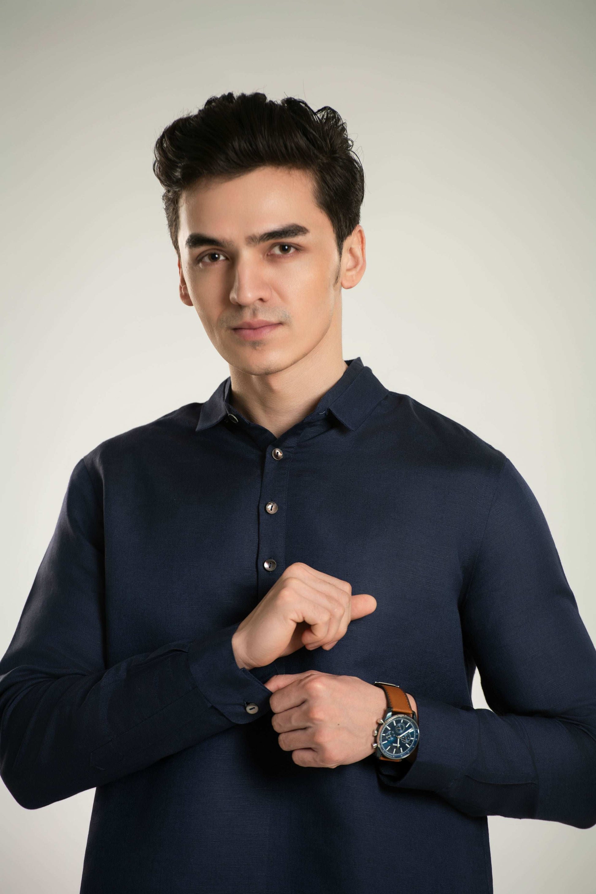 Styled Point Collar Linen Lounge Shirt Short Kurta