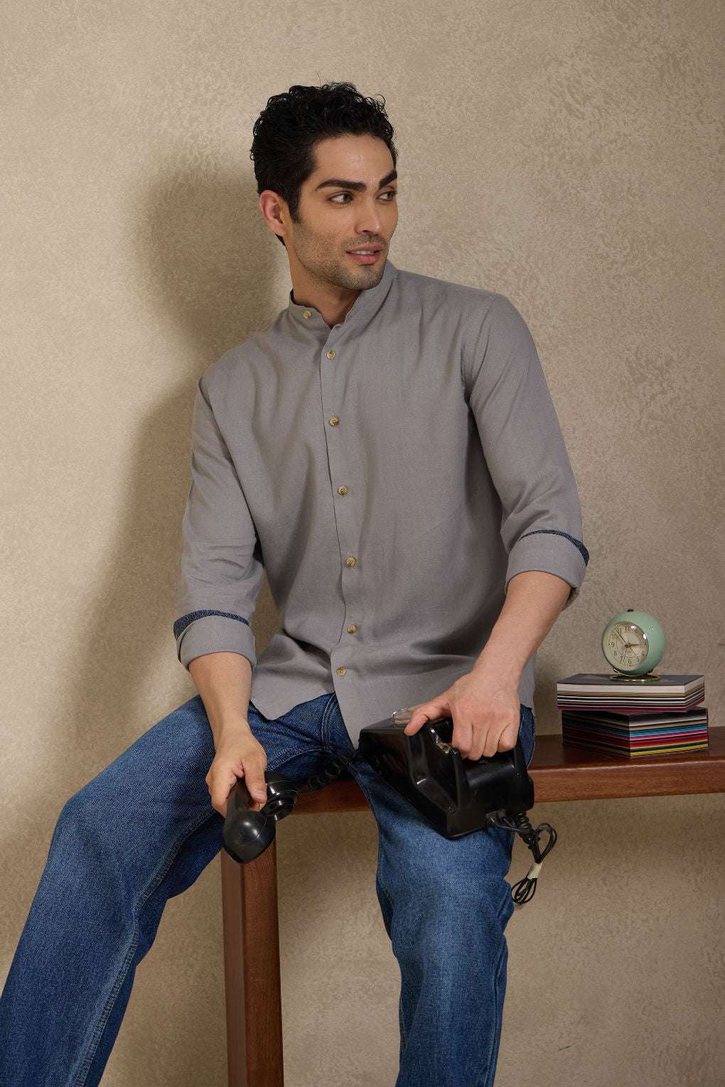 Ash Grey - Linen Mandarin Collar Shirt for Men Men's Shirt Men's Shirt