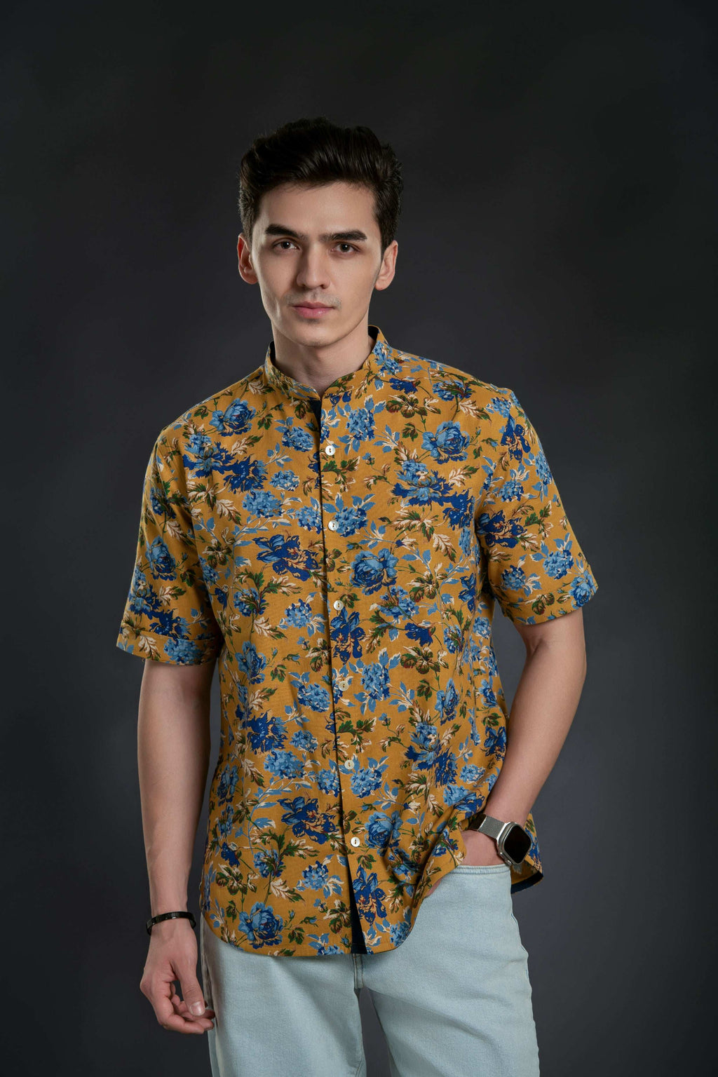 Floral Mandarin Collar Linen Shirt Casual Shirt