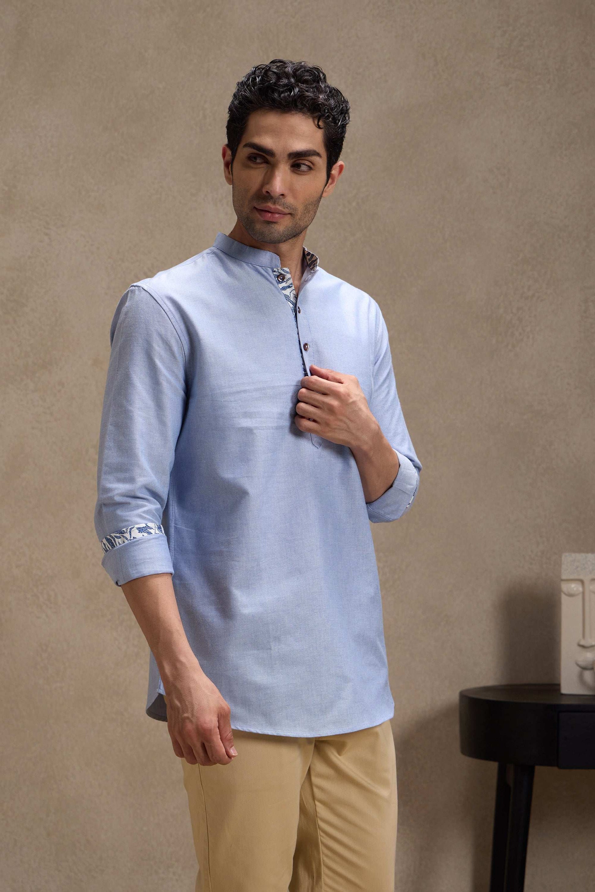 Oxford Blue Mandarin Collar Short Kurta Short Kurta Short Kurta