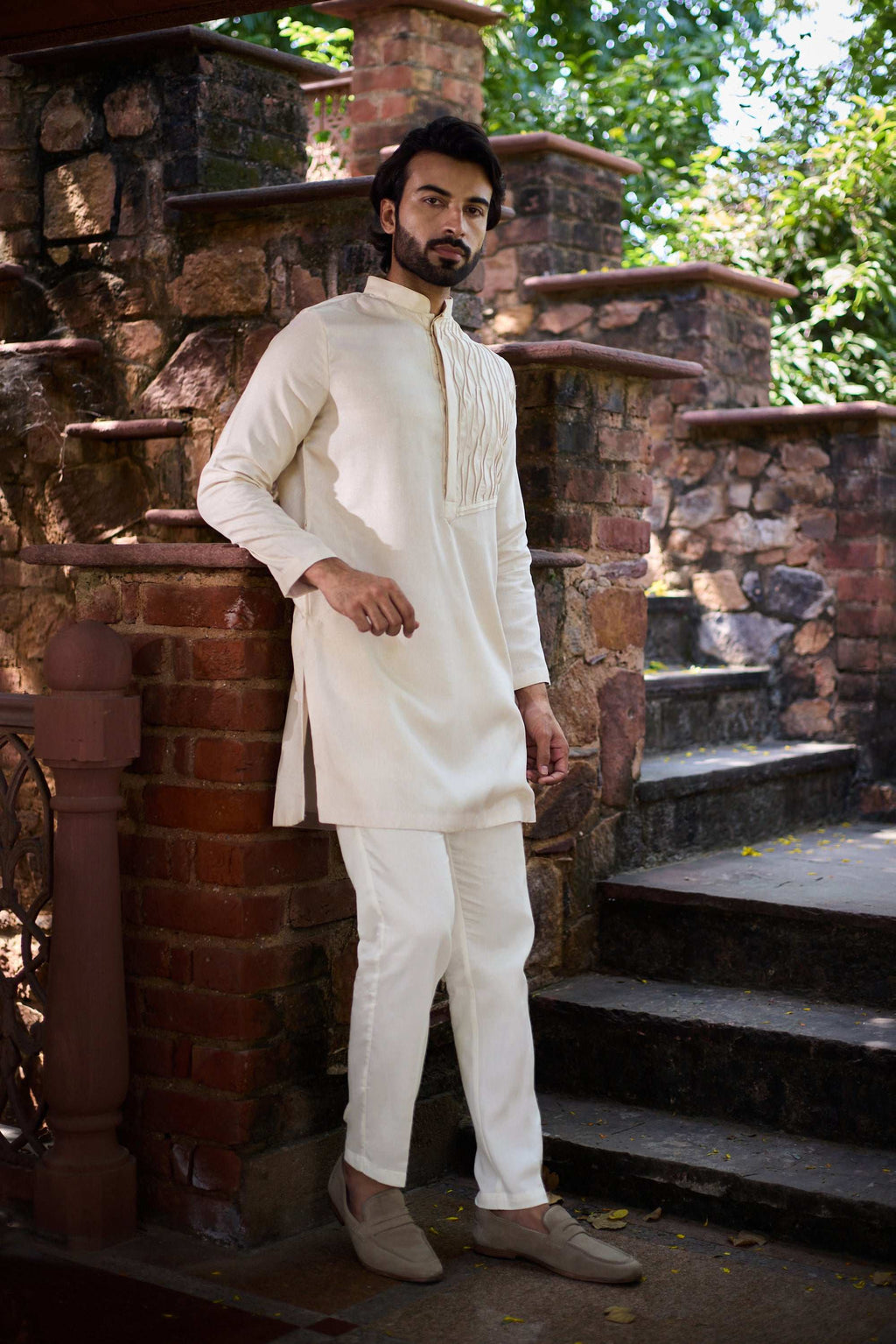 Nayaab - Beige Wave Pleats Mandarin collar Men's Kurta Set Kurta Pant Set Kurta Pant Set