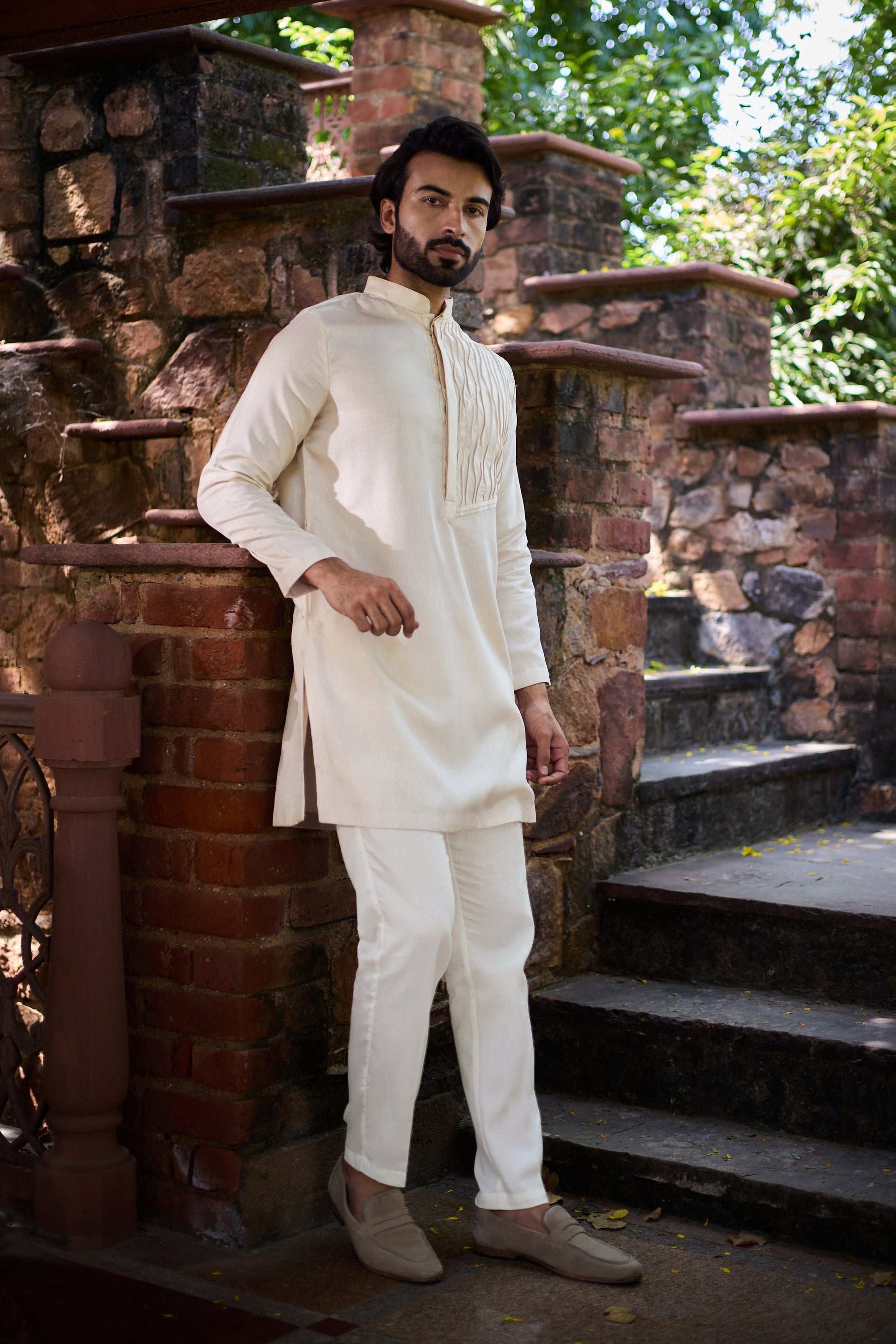 Nayaab - Beige Wave Pleats Mandarin collar Men's Kurta Set Kurta Pant Set Kurta Pant Set