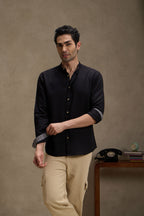 Retro Black - Linen Mandarin Collar Shirt for Men Men's Shirt Men's Shirt