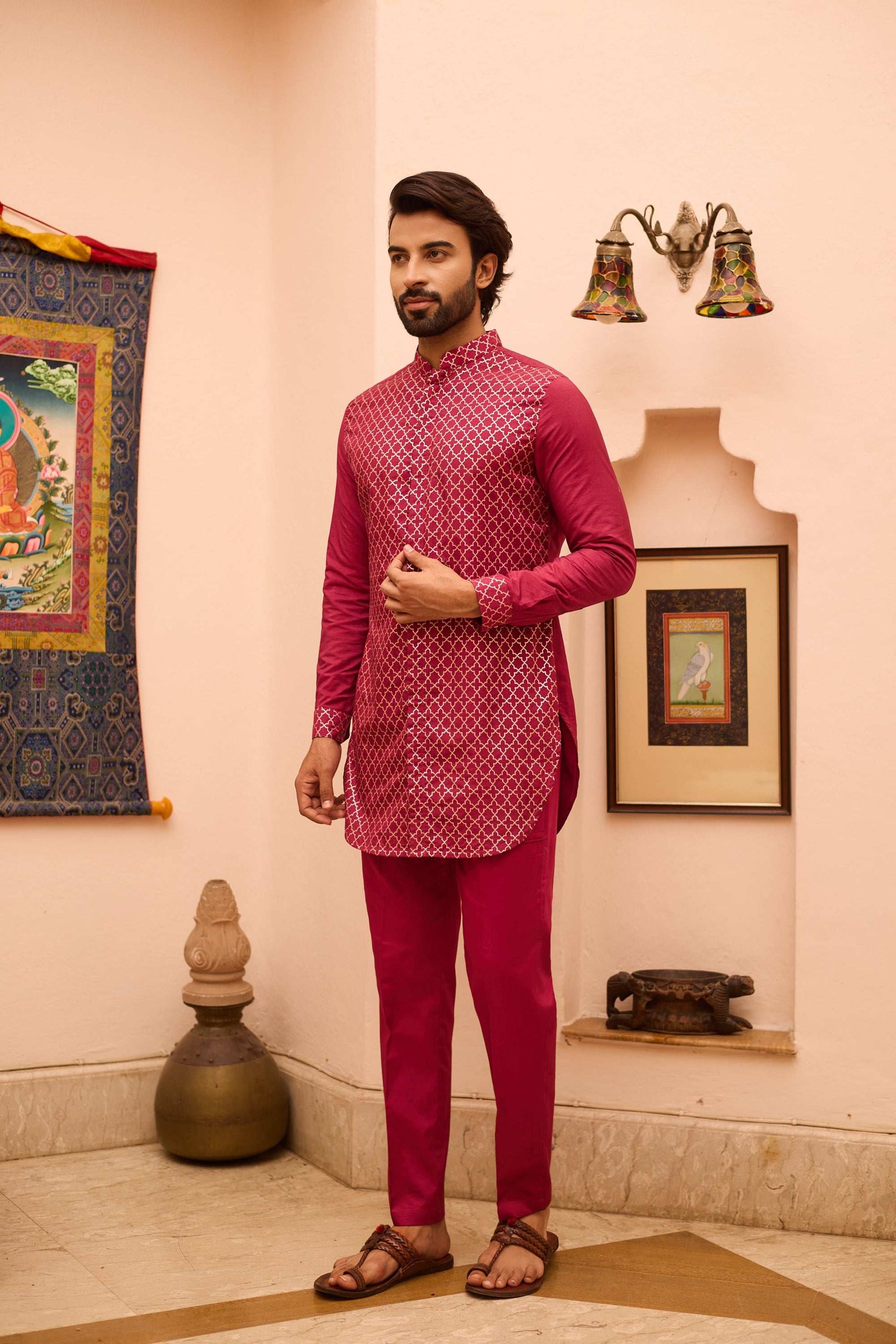 Nuraaz - Silk Mazenta Kurta Set for Men with Mandarin Collar Kurta Pant Set Kurta Pant Set