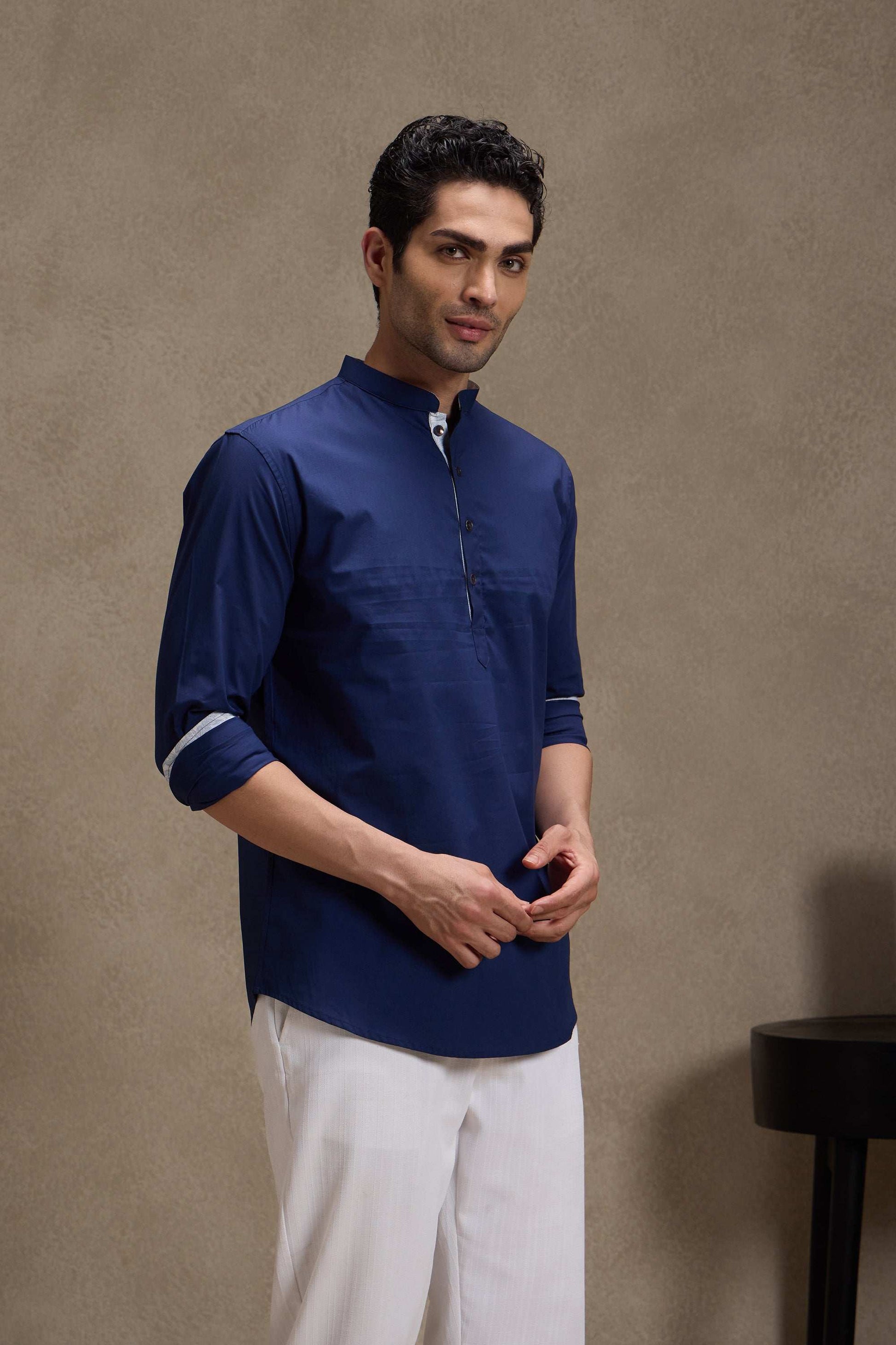 Midnight Blue Mandarin Collar Short Kurta Short Kurta Short Kurta