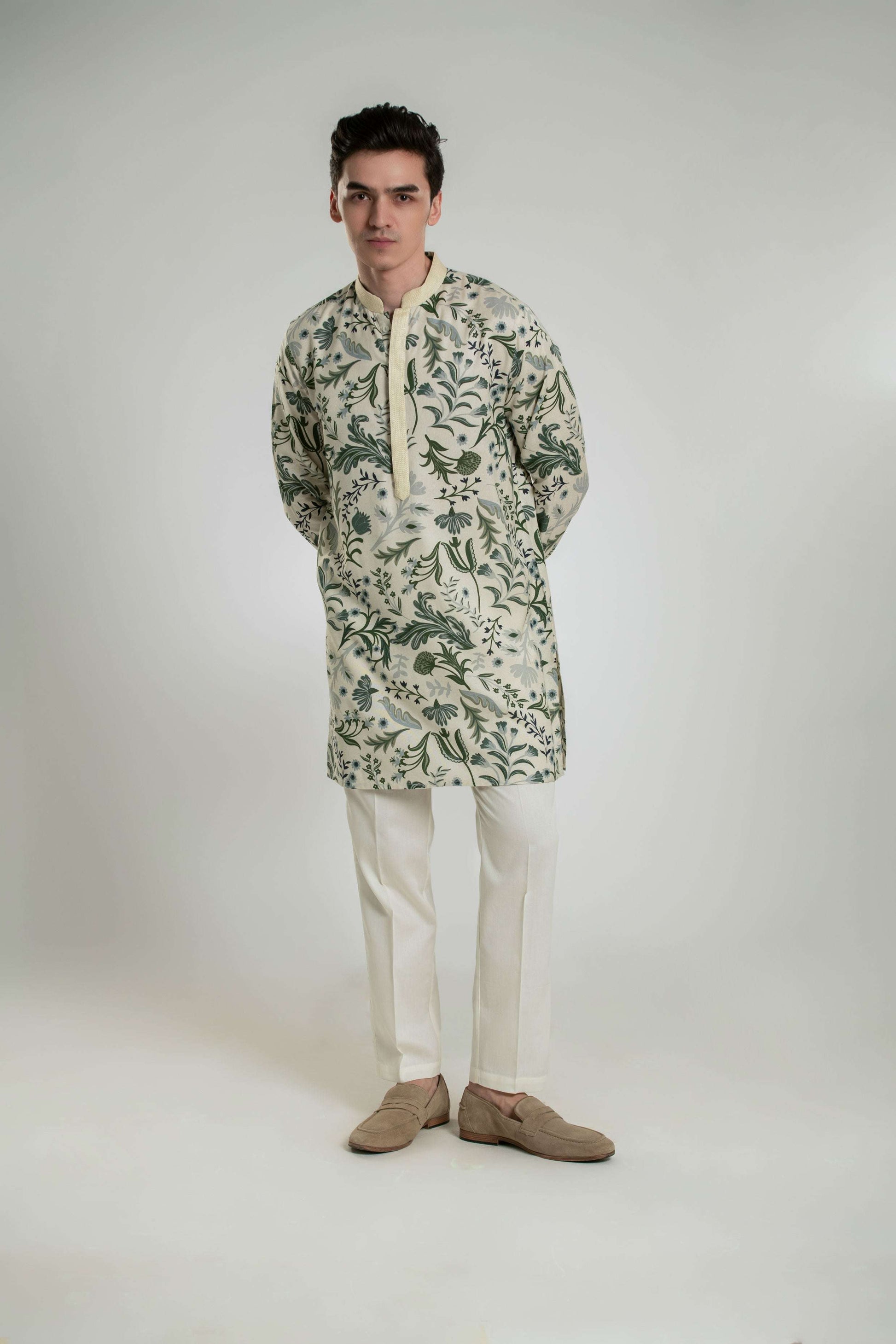 Men's Printed Mid-length Kurta Pant Set with Anchor Thread Detailing Kurta Pant Set