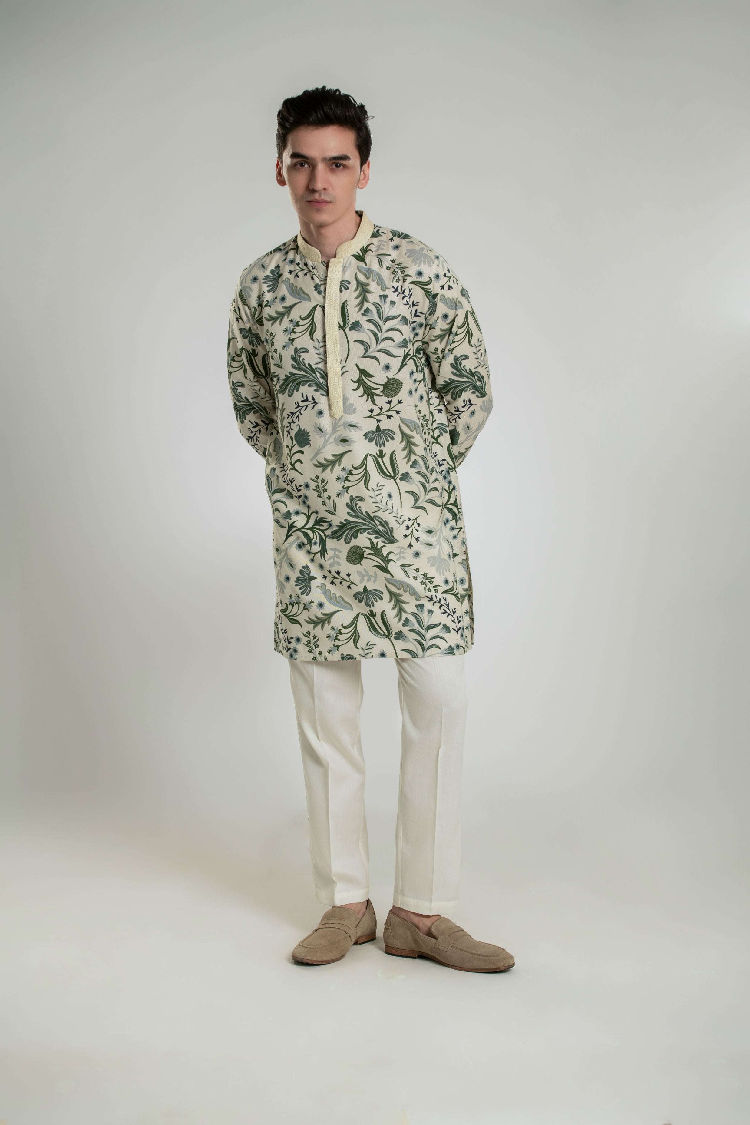 Men's Printed Mid-length Kurta Pant Set with Anchor Thread Detailing Kurta Pant Set