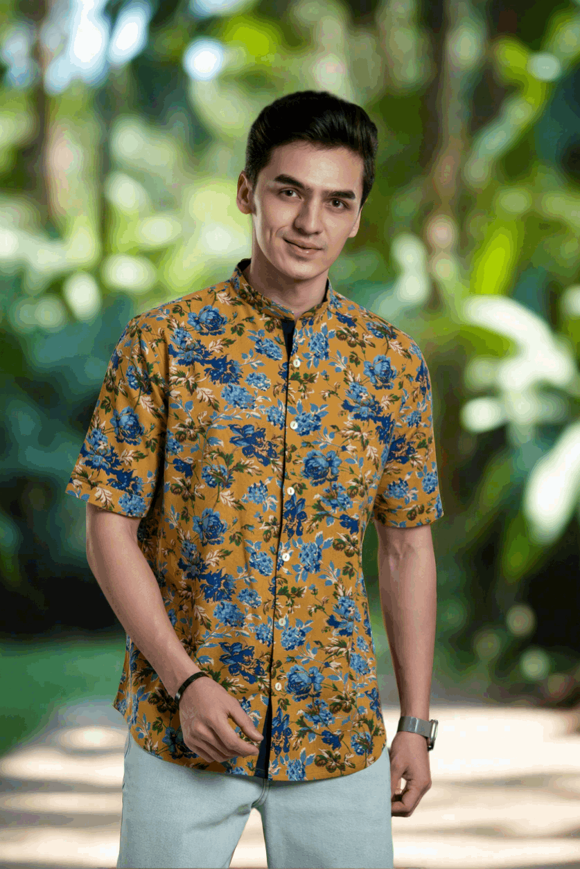 Floral Mandarin Collar Linen Shirt Casual Shirt