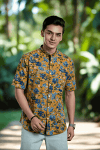 Floral Mandarin Collar Linen Shirt Casual Shirt