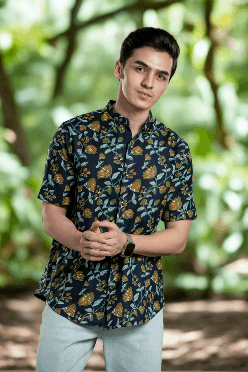 Floral Print Mandarin Collar Shirt Casual Shirt