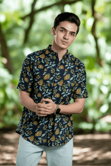 Navy Blue Floral Print Mandarin Collar Shirt