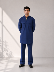 Fusion Pathani Kurta Set - Navy Blue