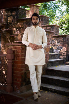 Nayaab - Beige Wave Pleats Mandarin collar Men's Kurta Set