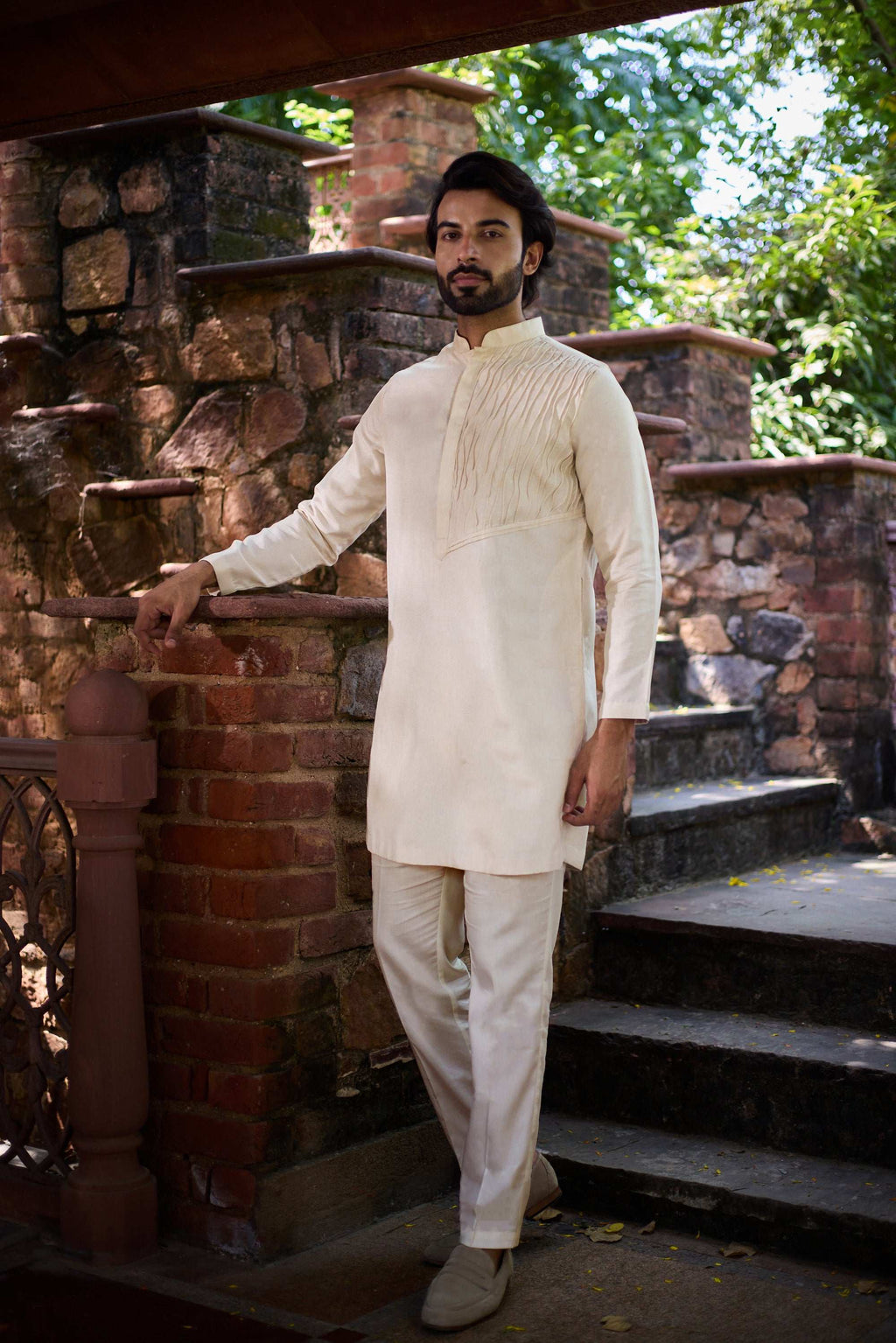 Nayaab - Beige Wave Pleats Mandarin collar Men's Kurta Set Kurta Pant Set Kurta Pant Set