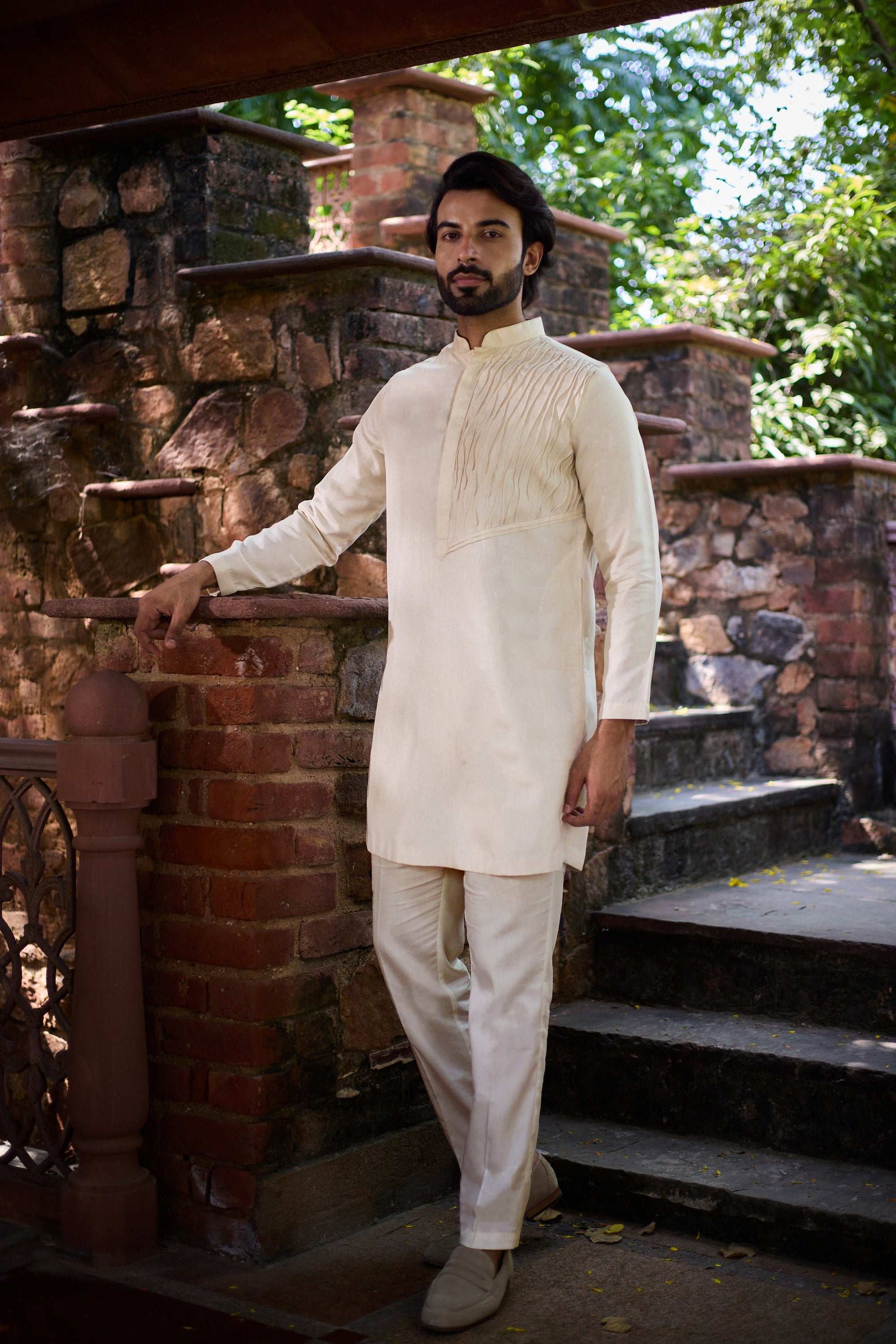 Nayaab - Beige Wave Pleats Mandarin collar Men's Kurta Set Kurta Pant Set Kurta Pant Set