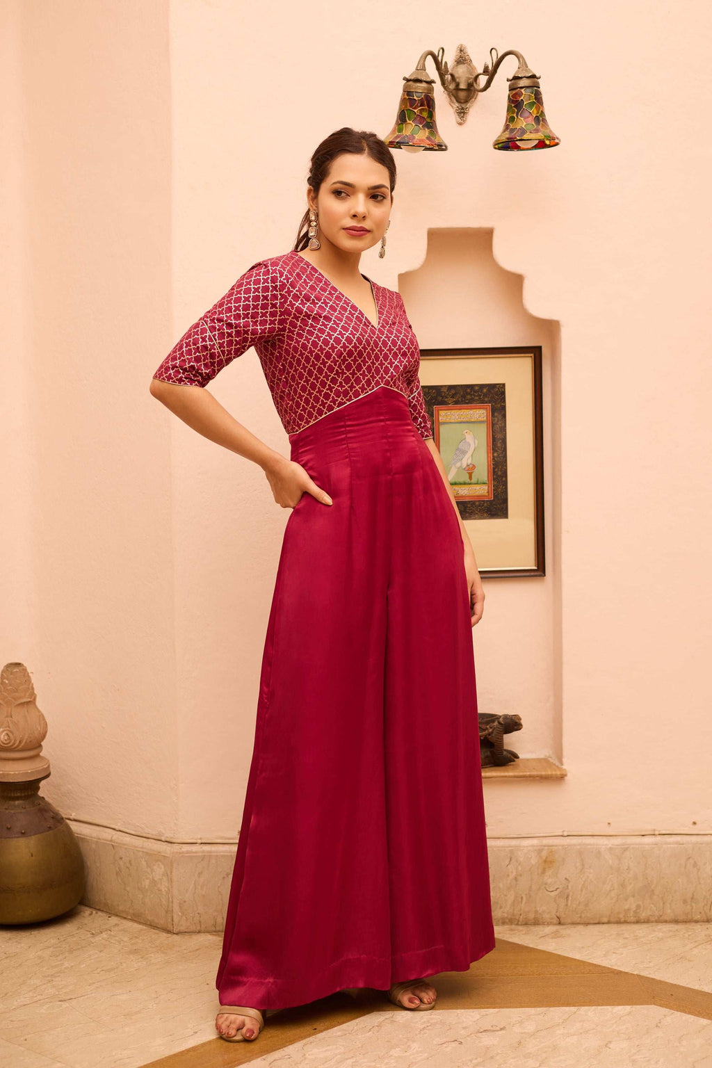 Nura - V Neckline Silk Comfort & Festive Jumsuit for Women's Fusion Jumpsuit Fusion Jumpsuit