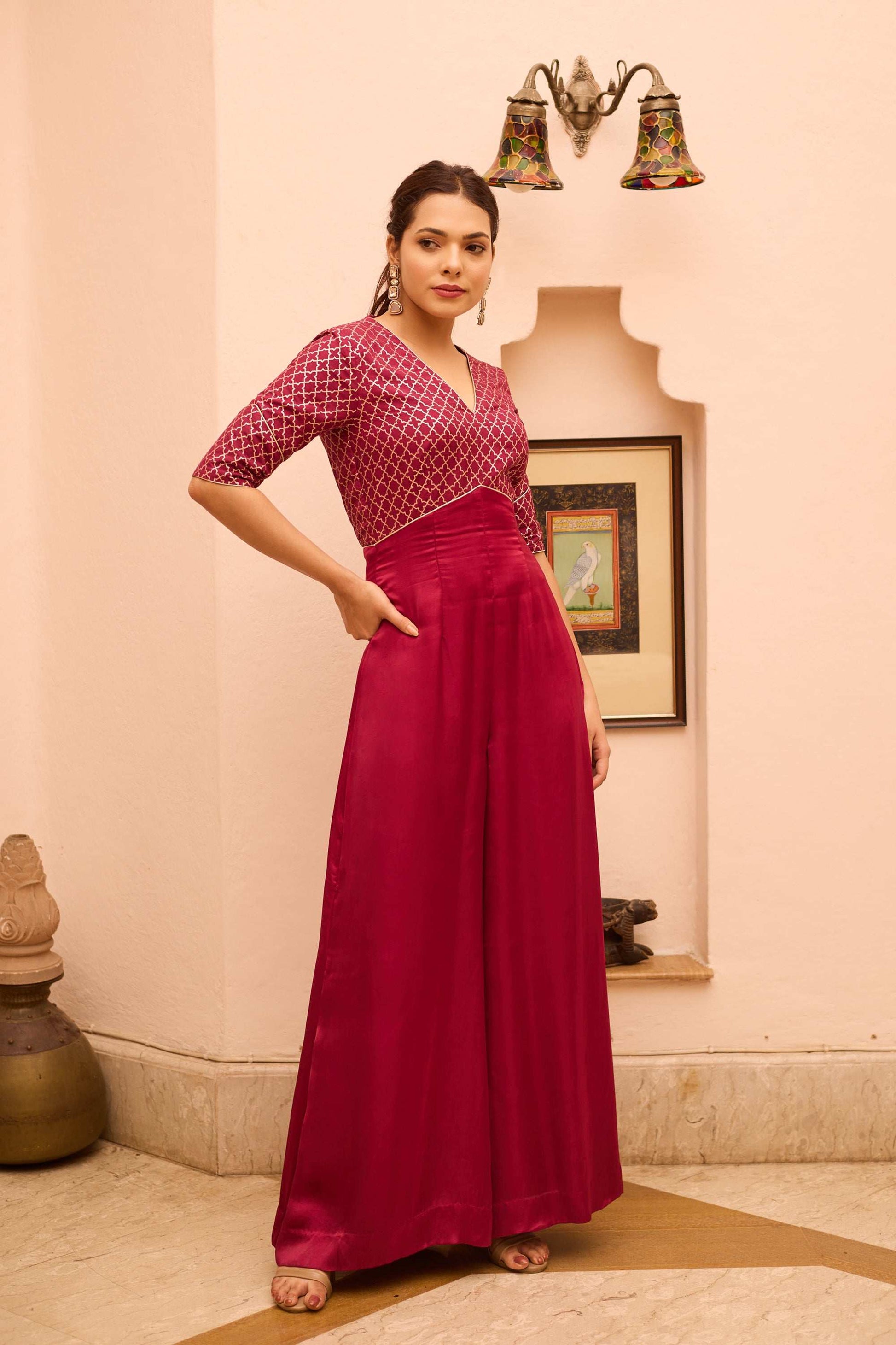 Nura - V Neckline Silk Comfort & Festive Jumsuit for Women's Fusion Jumpsuit Fusion Jumpsuit