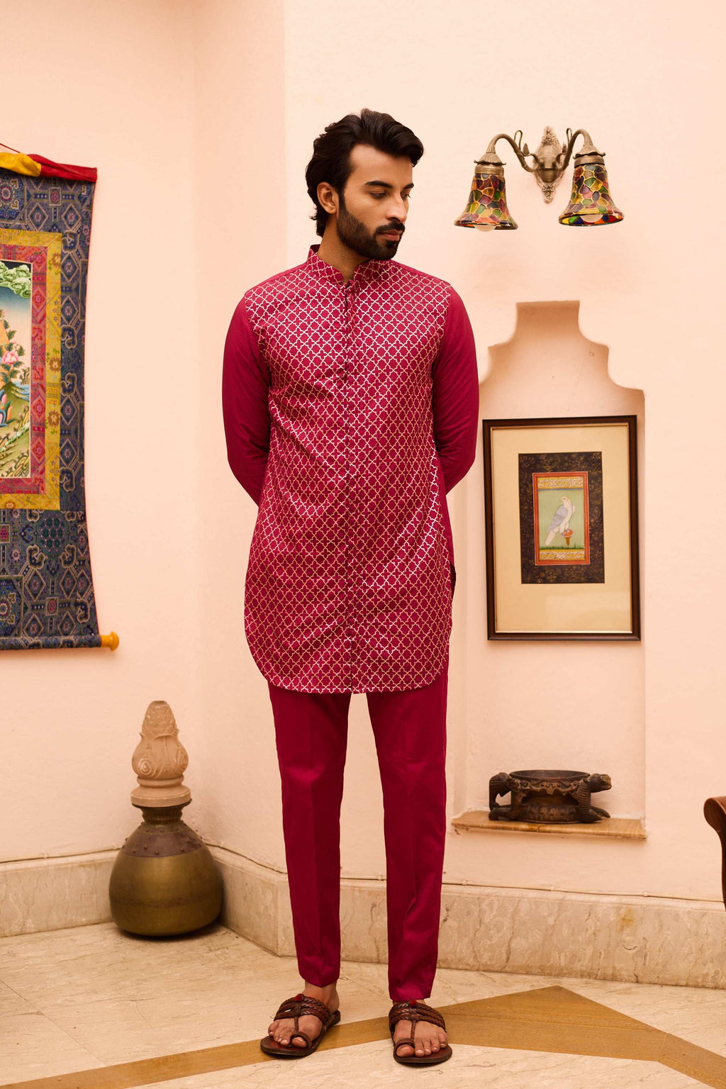Nuraaz - Silk Mazenta Kurta Set for Men with Mandarin Collar Kurta Pant Set Kurta Pant Set