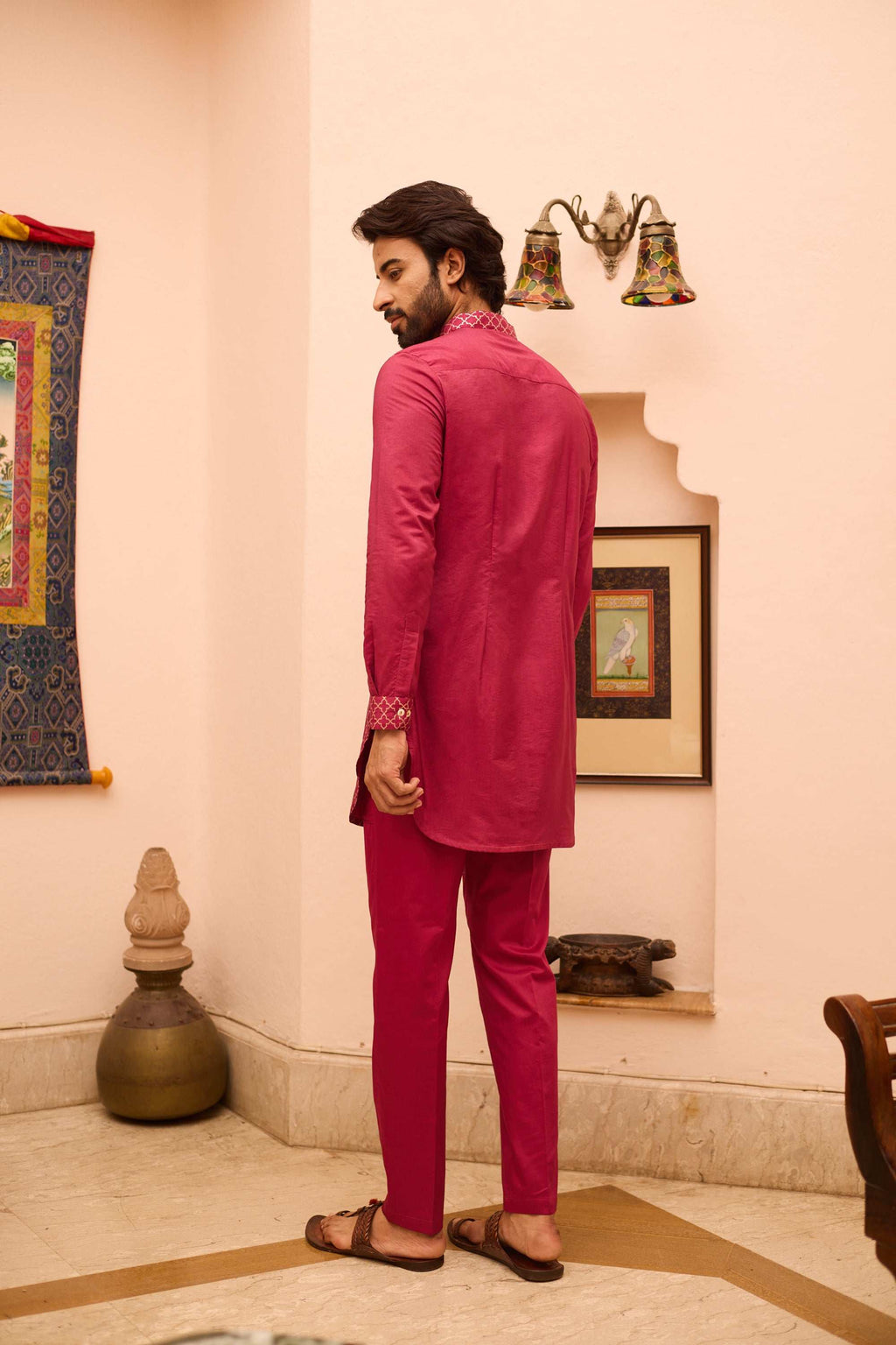 Nuraaz - Silk Mazenta Kurta Set for Men with Mandarin Collar Kurta Pant Set Kurta Pant Set