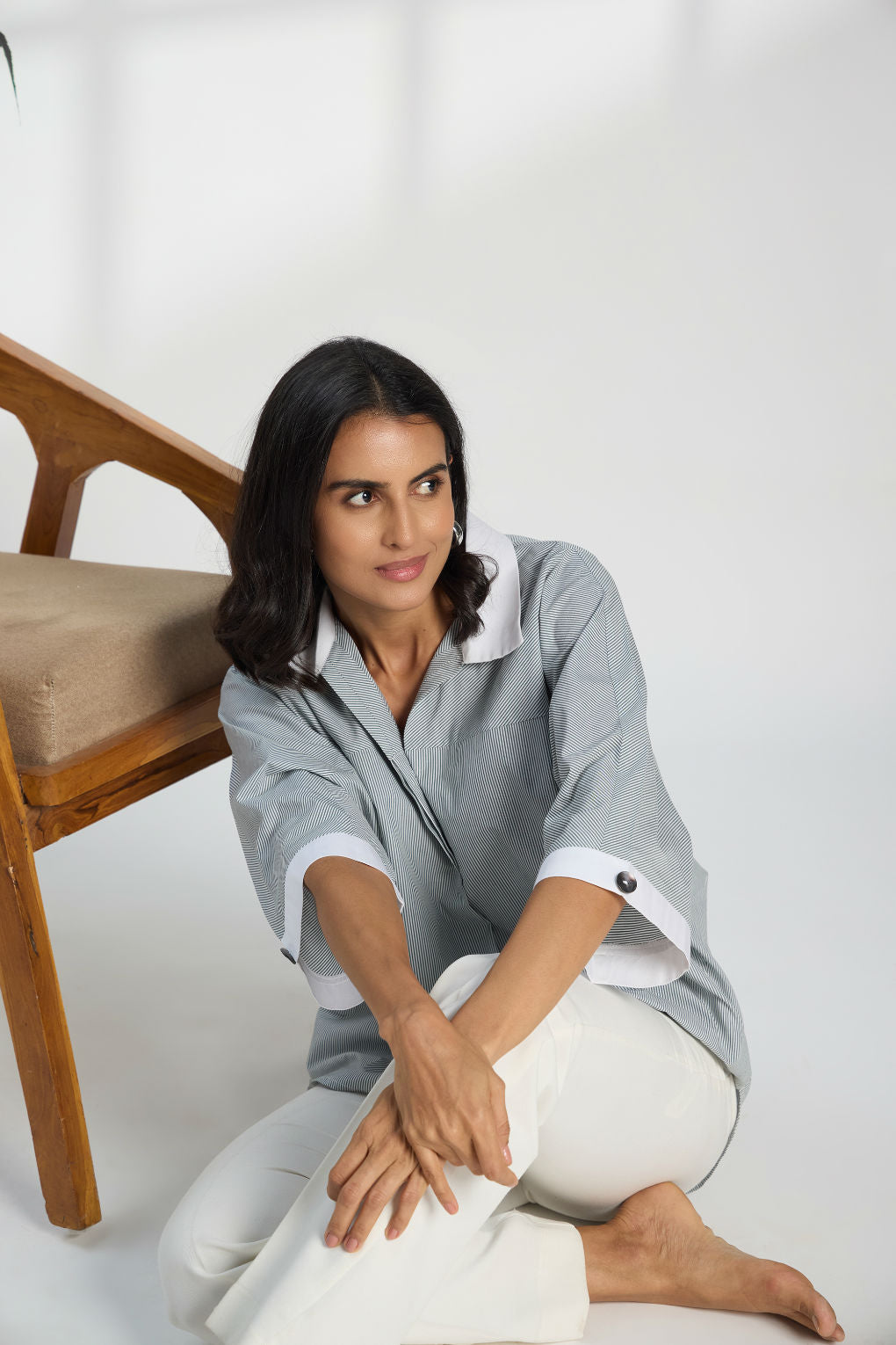 Pinstripe Green - Fine Cotton Kimono Shirt for Women Women's Shirts Women's Shirts