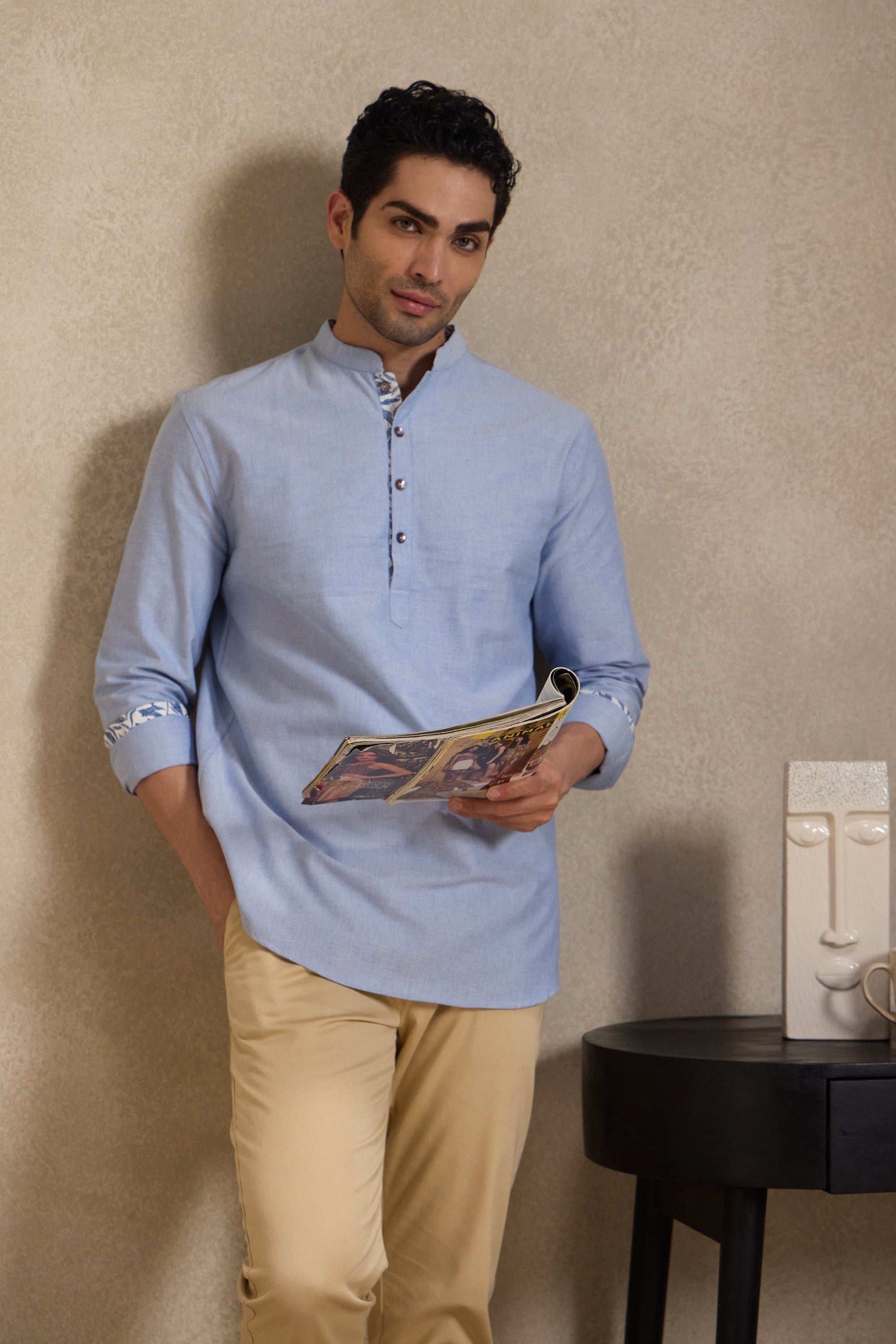 Oxford Blue Mandarin Collar Short Kurta Short Kurta Short Kurta