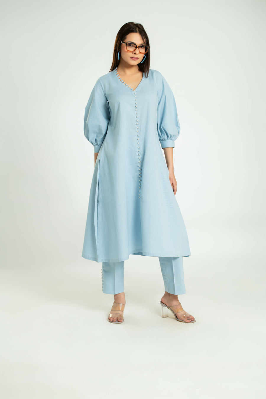 Women's Pearl Work Long Coord Set With Balloon Sleeves Long Co-Ord Set