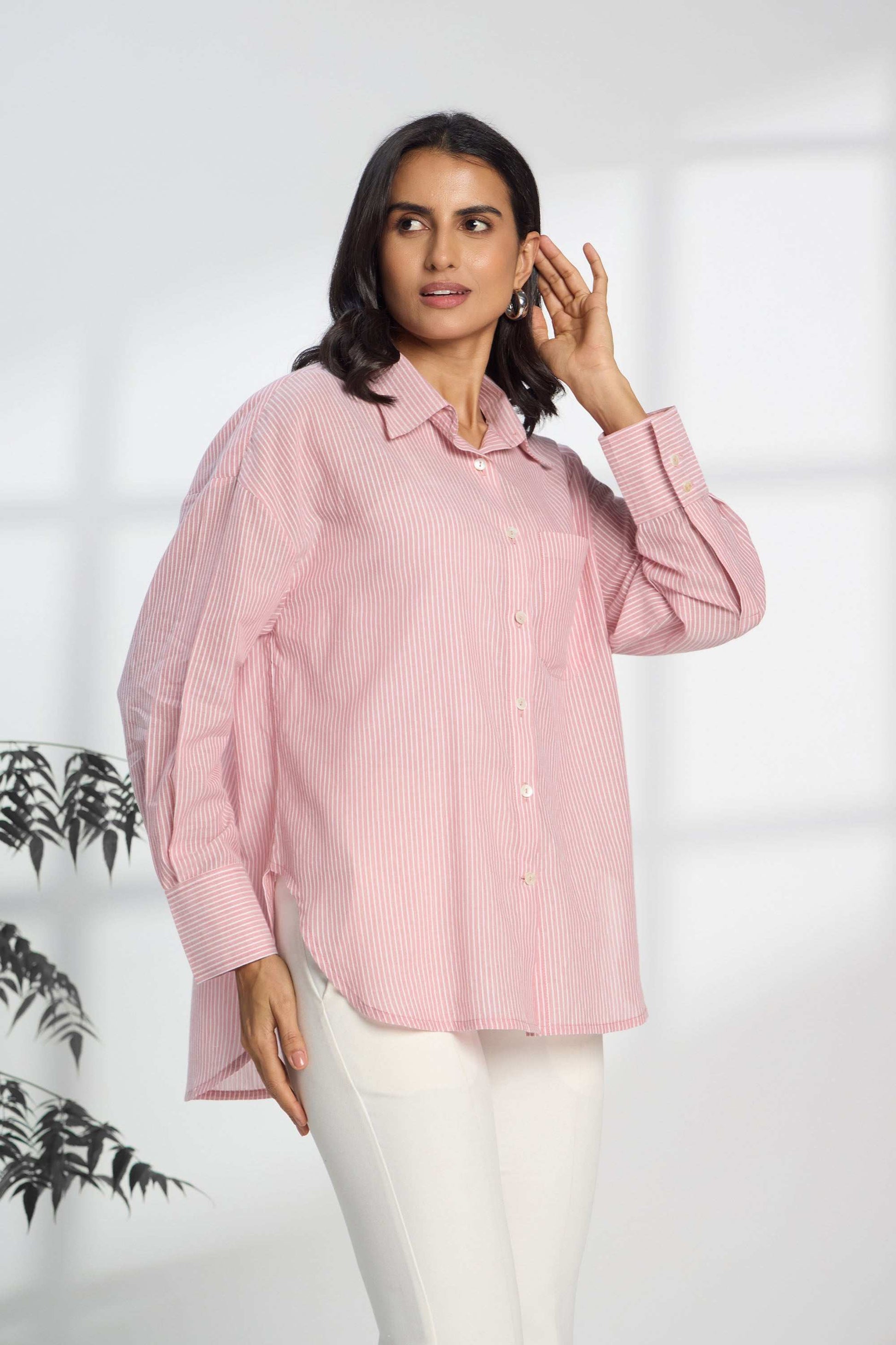 Flamingo Pink Stripe - Oversized Cotton Shirt for Women Women's Shirts Women's Shirts
