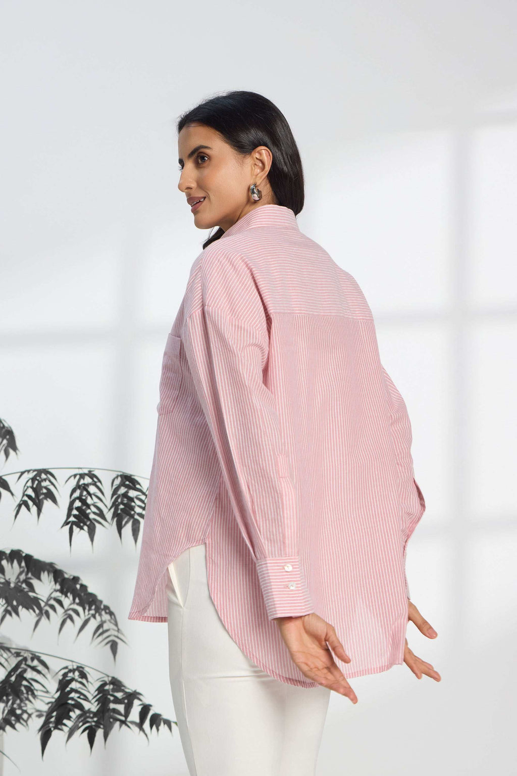 Flamingo Pink Stripe - Oversized Cotton Shirt for Women Women's Shirts Women's Shirts