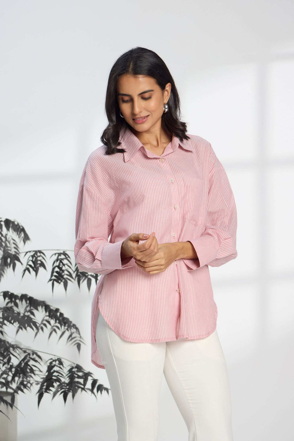 Flamingo Pink Stripe - Oversized Cotton Shirt for Women Women's Shirts Women's Shirts