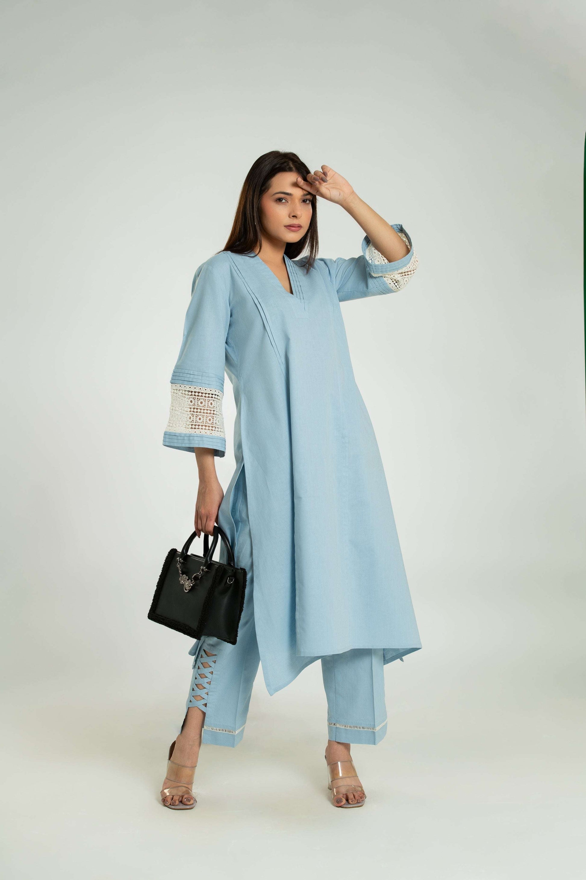 Women's Bell Sleeves Pleated Linen Co-Ord Long Co-Ord Set