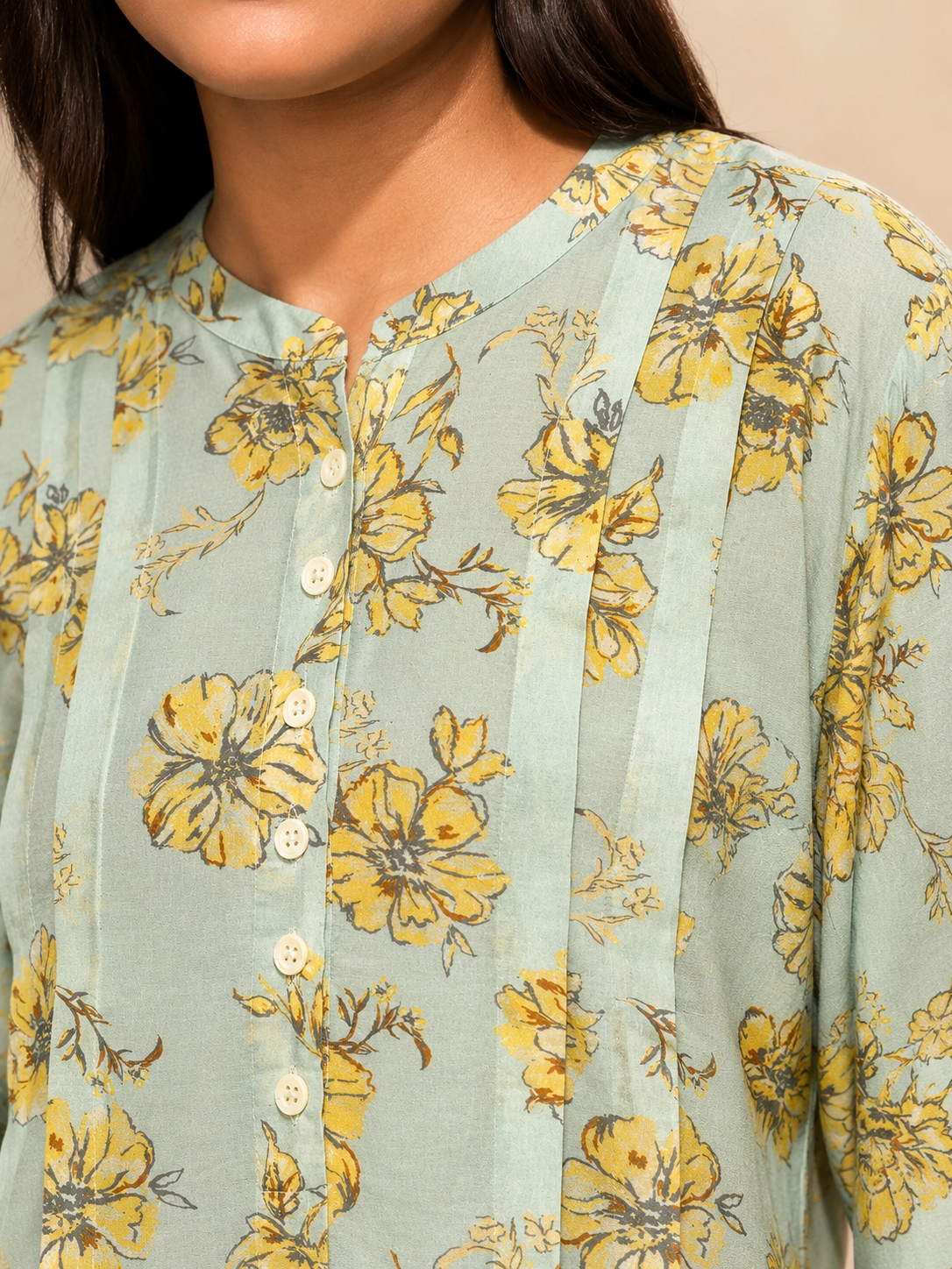 Pleated Design Printed Blue Women Top 