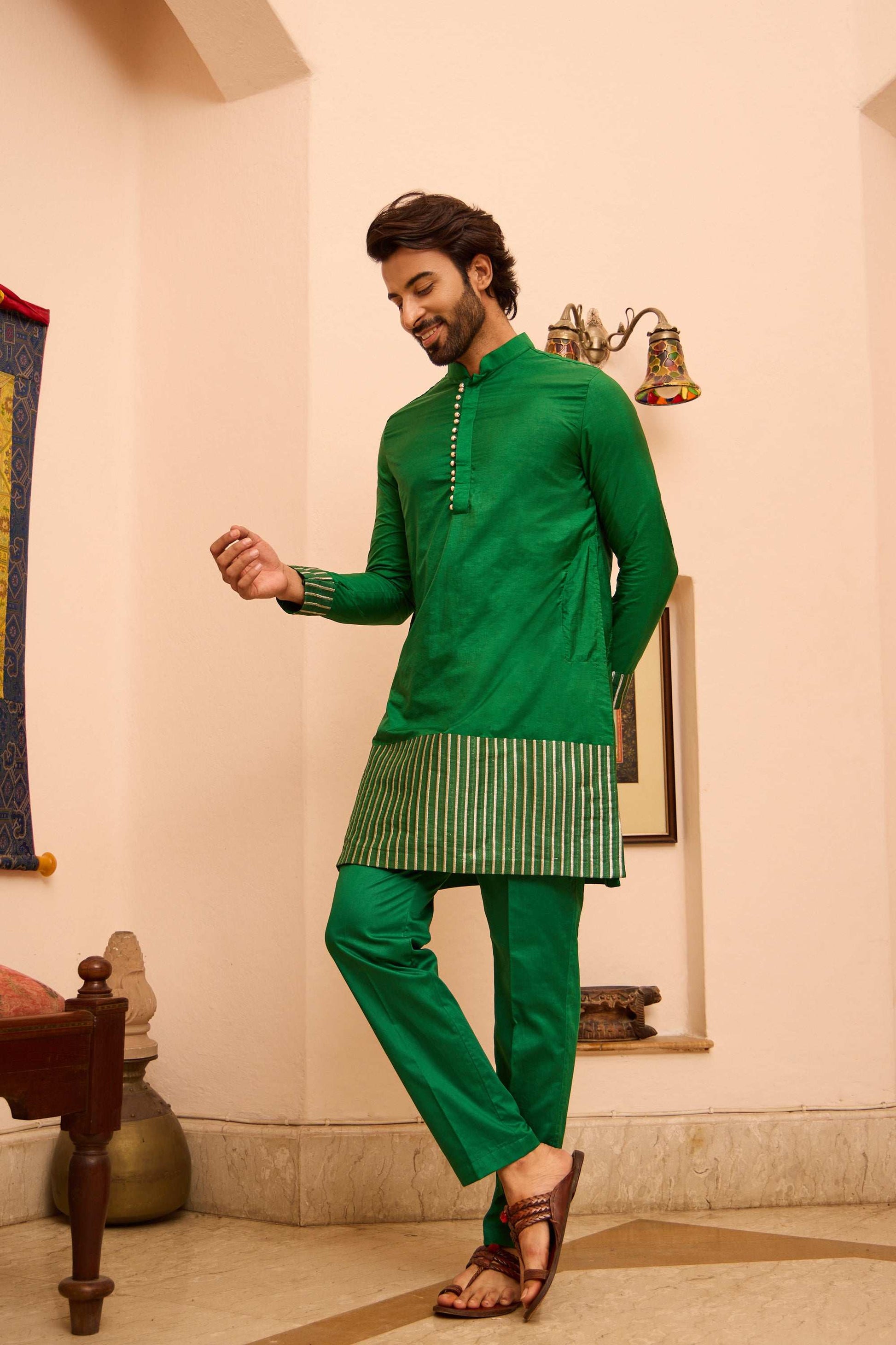 Rubab - Green Silk potli Button Kurta Set with Mandarin Collar Kurta Pant Set Kurta Pant Set