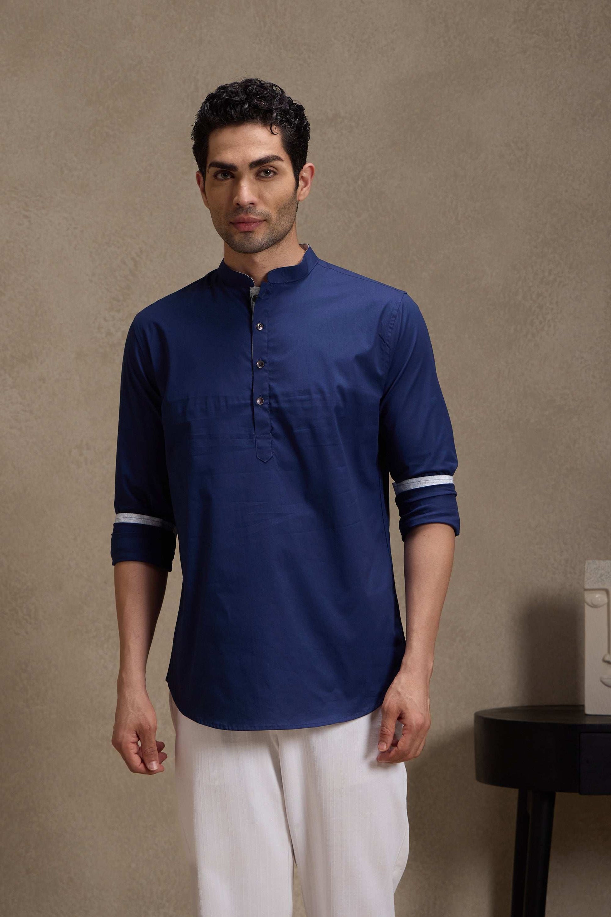 Midnight Blue Mandarin Collar Short Kurta Short Kurta Short Kurta