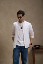 Vanilla White - Linen Mandarin Collar Shirt for Men Men's Shirt Men's Shirt