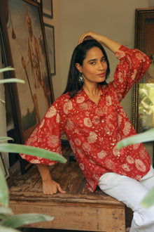 Women’s Red Floral Print Shirt with Bishop Sleeves