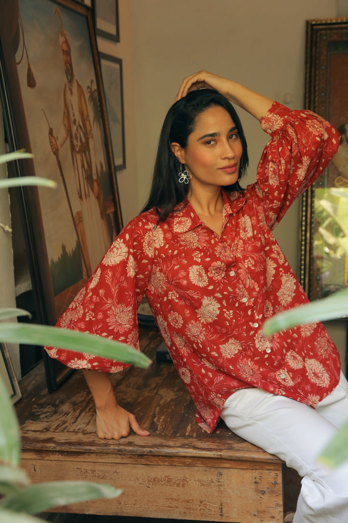 Women’s Red Floral Print Shirt with Bishop Sleeves Shirts Printed Cotton Shirt