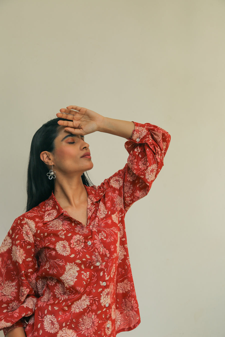 Women’s Red Floral Print Shirt with Bishop Sleeves Shirts Printed Cotton Shirt