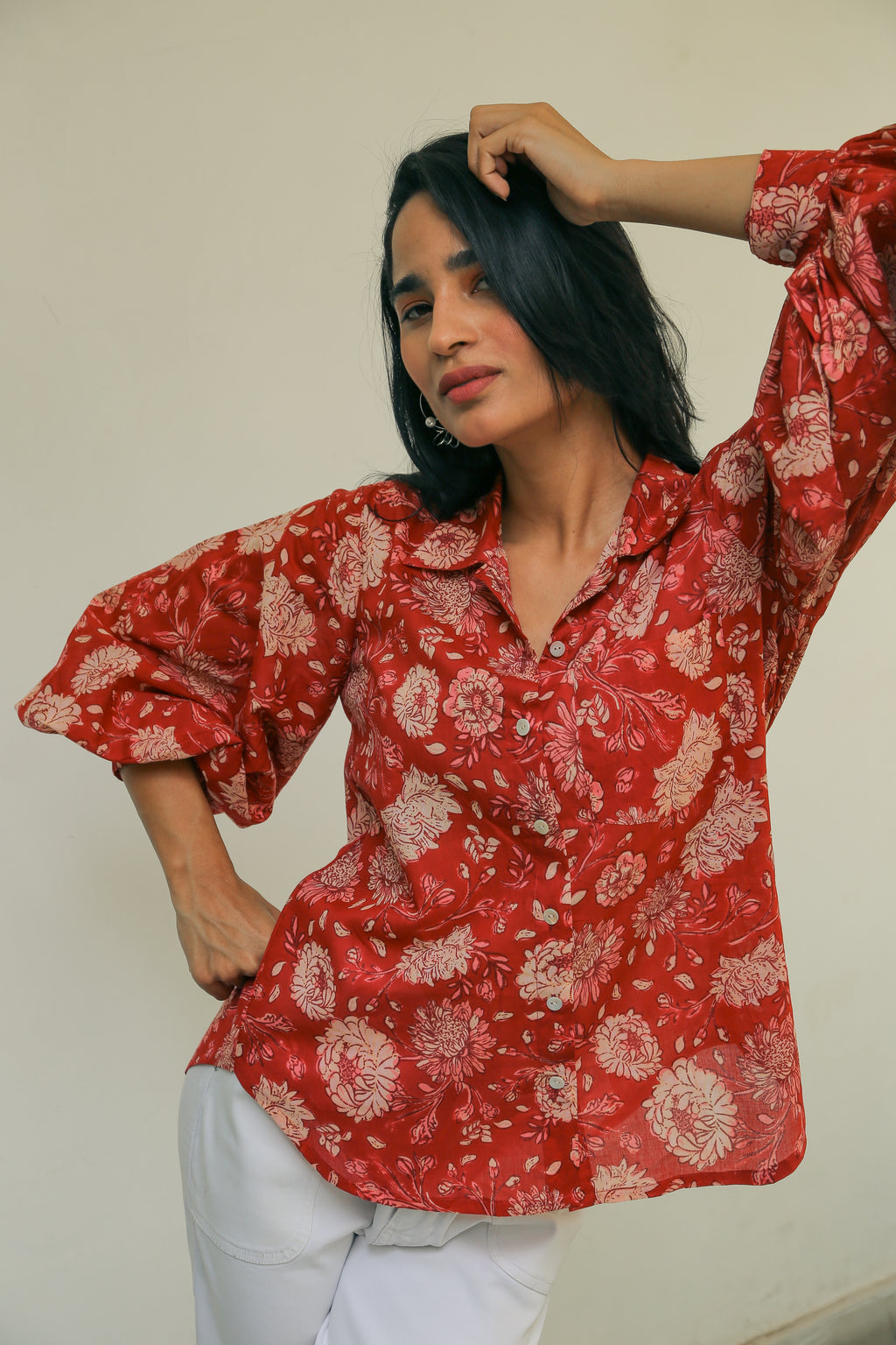Women’s Red Floral Print Shirt with Bishop Sleeves
