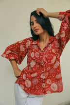 Women’s Red Floral Print Shirt with Bishop Sleeves Shirts Printed Cotton Shirt