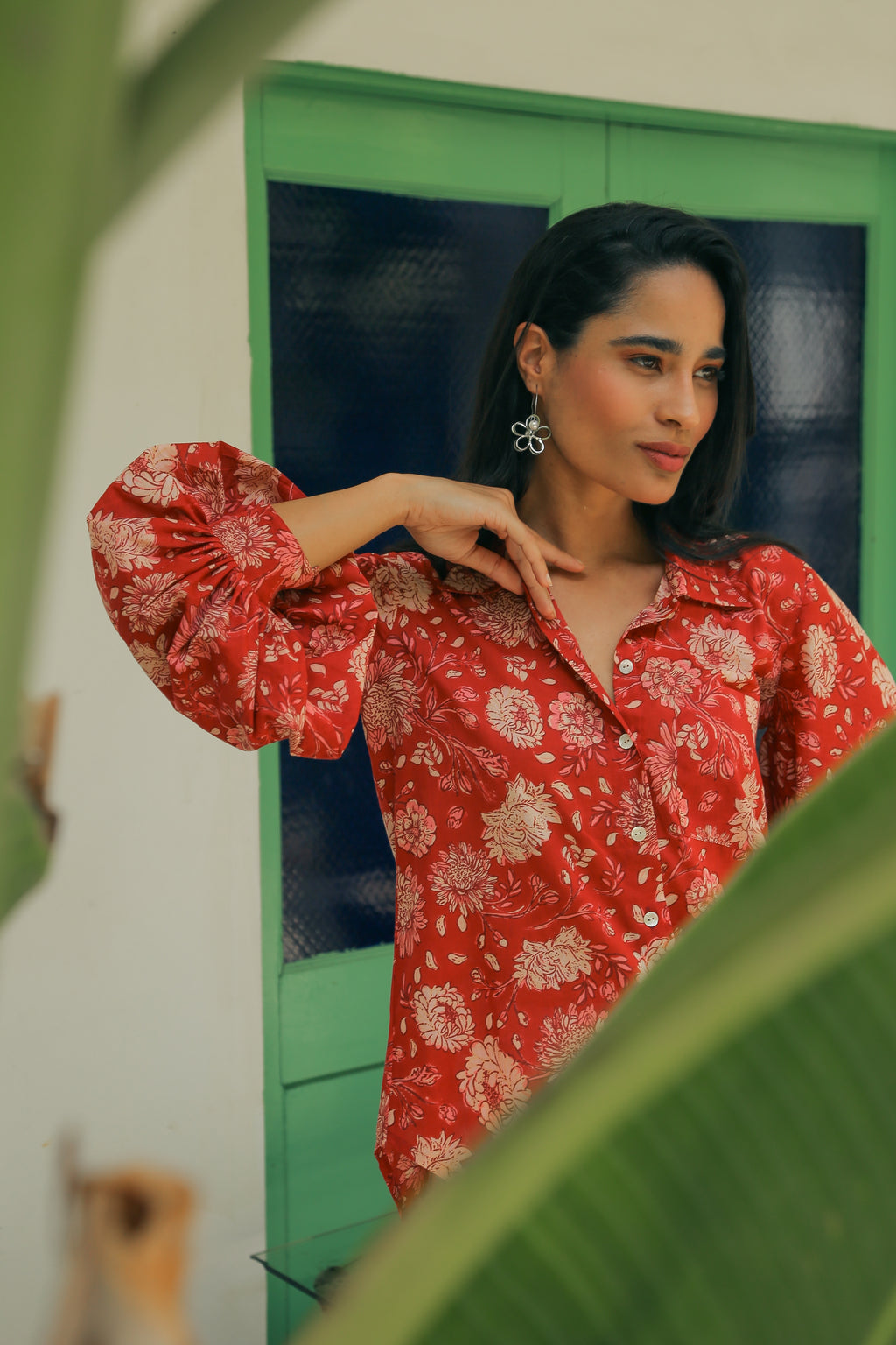 Women’s Red Floral Print Shirt with Bishop Sleeves