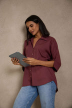 Brick Wine - Linen Dolman Sleeve Shirt for Women Women's Shirt Women's Shirt
