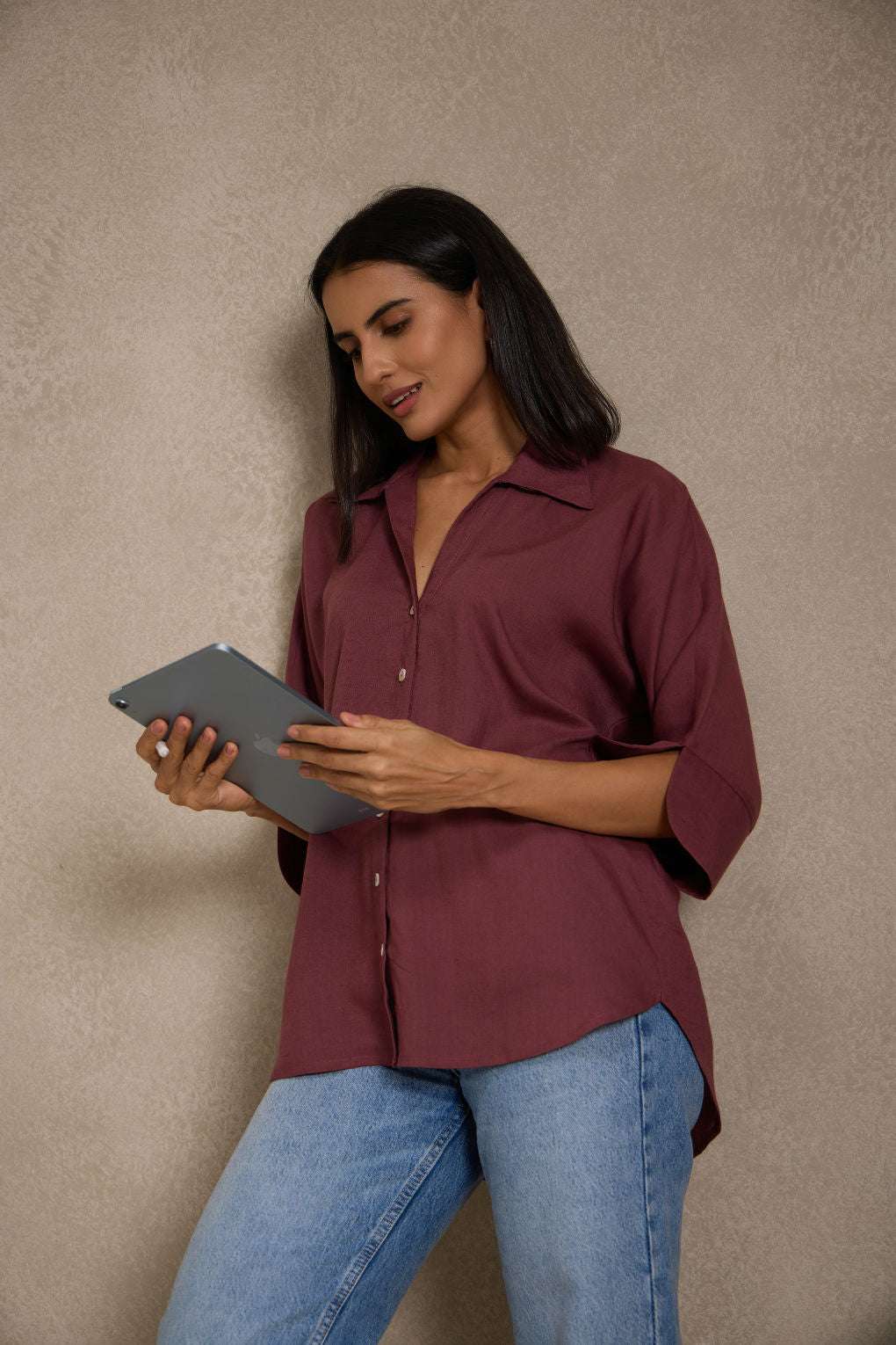 Brick Wine - Linen Dolman Sleeve Shirt for Women Women's Shirt Women's Shirt