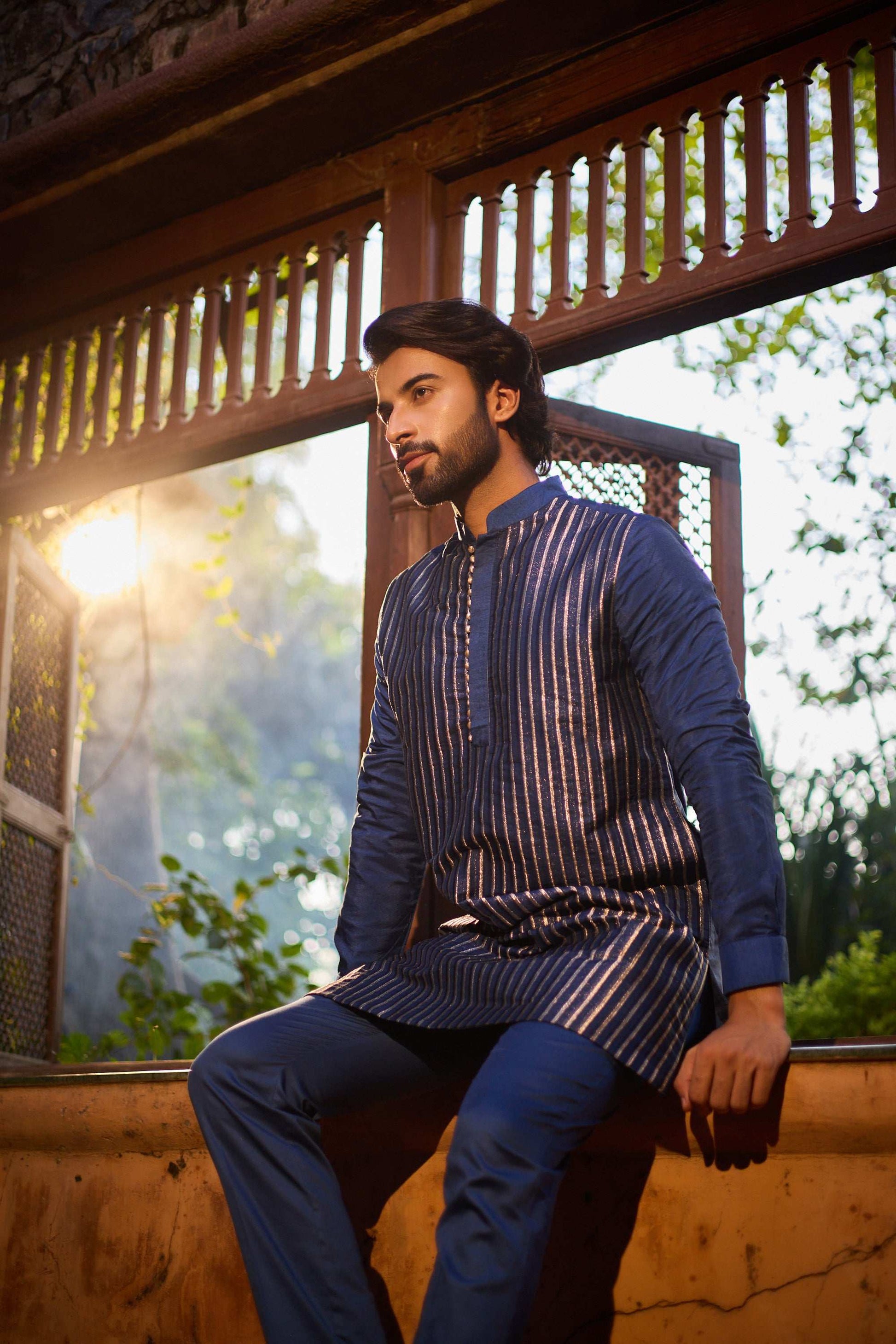 Rehmat - Striped Pattern Designer Silk Blue Men's Kurta Set Kurta Pant Set Kurta Pant Set