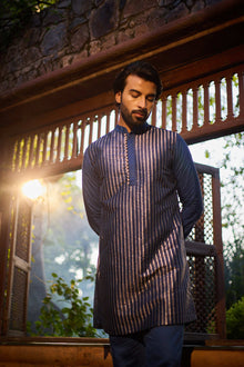 Rehmat - Striped Pattern Designer Silk Blue Men's Kurta Set