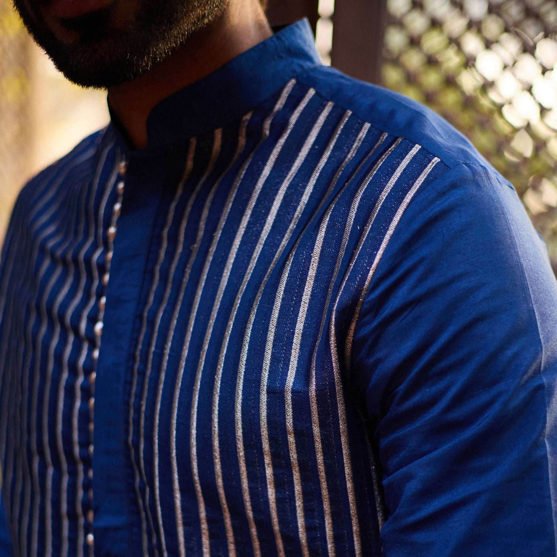 Rehmat - Striped Pattern Designer Silk Blue Men's Kurta Set Kurta Pant Set Kurta Pant Set