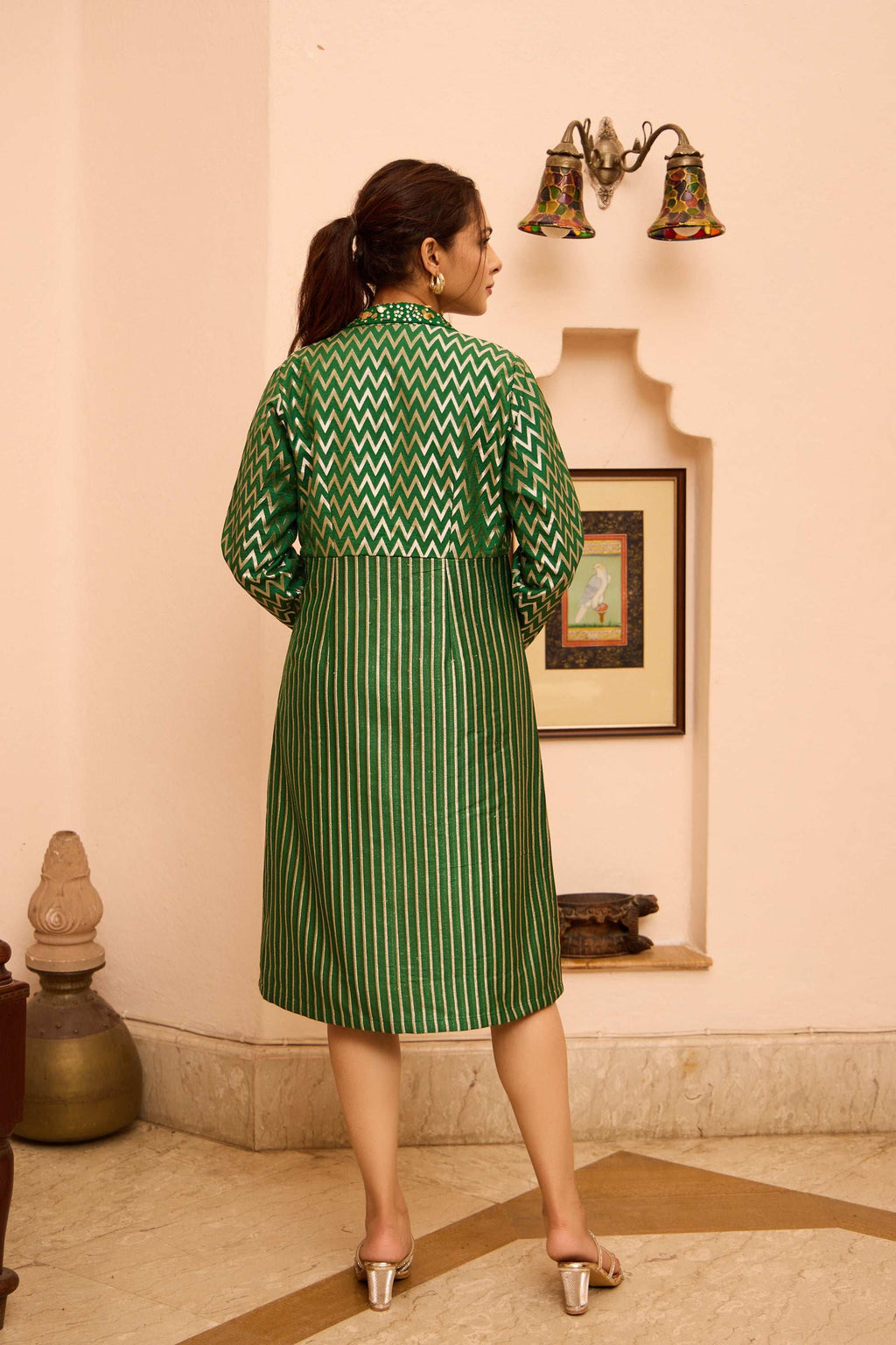 Reva - Green Pattern Dynamic & Stylish Embroidered Women's Dress Fusion Dress with Jacket Fusion Dress with Jacket
