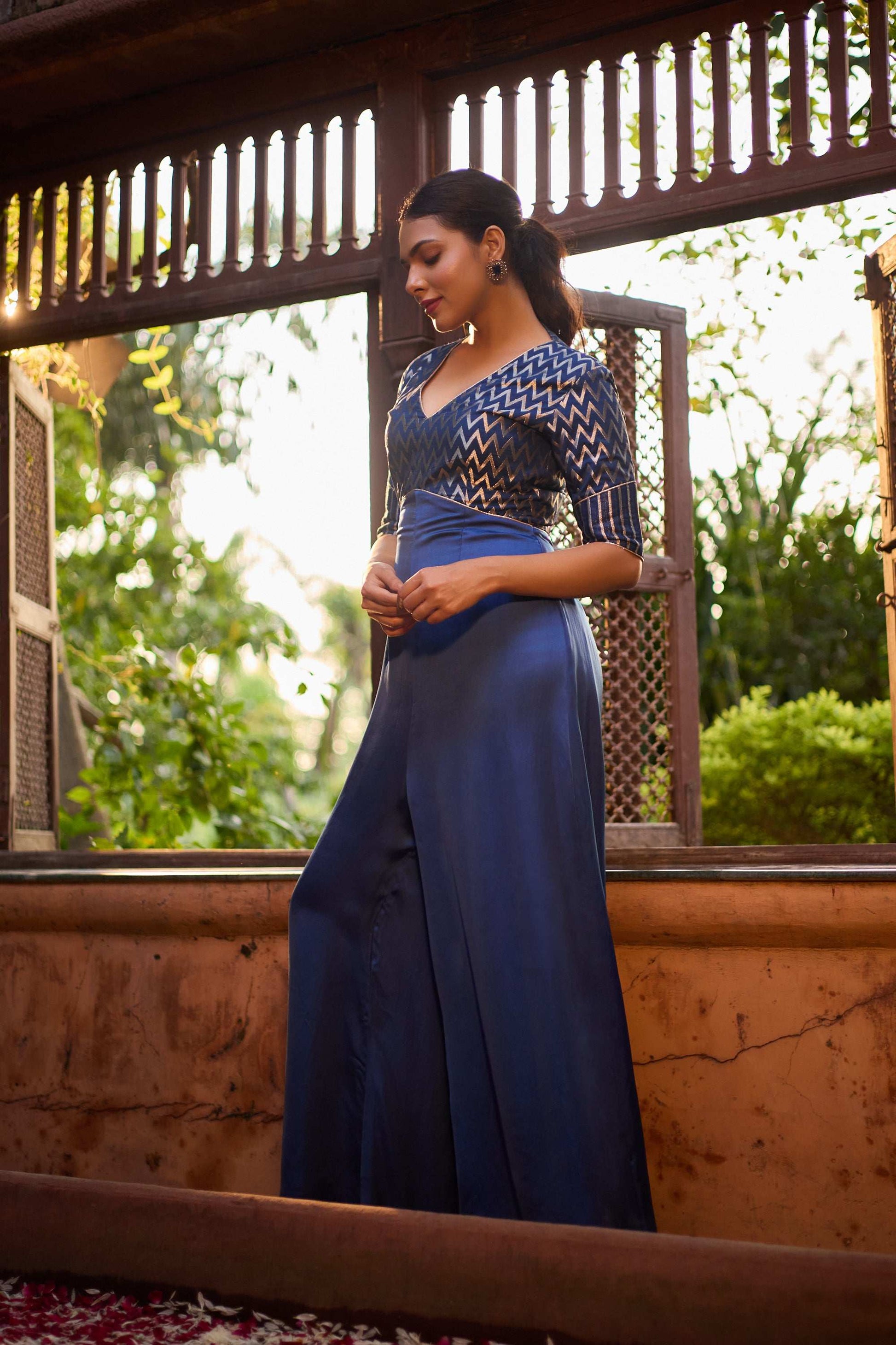 Riyaaz - Chevron Print Silk V Neckline Jumpsuit for Women Fusion Jumpsuit Fusion Jumpsuit