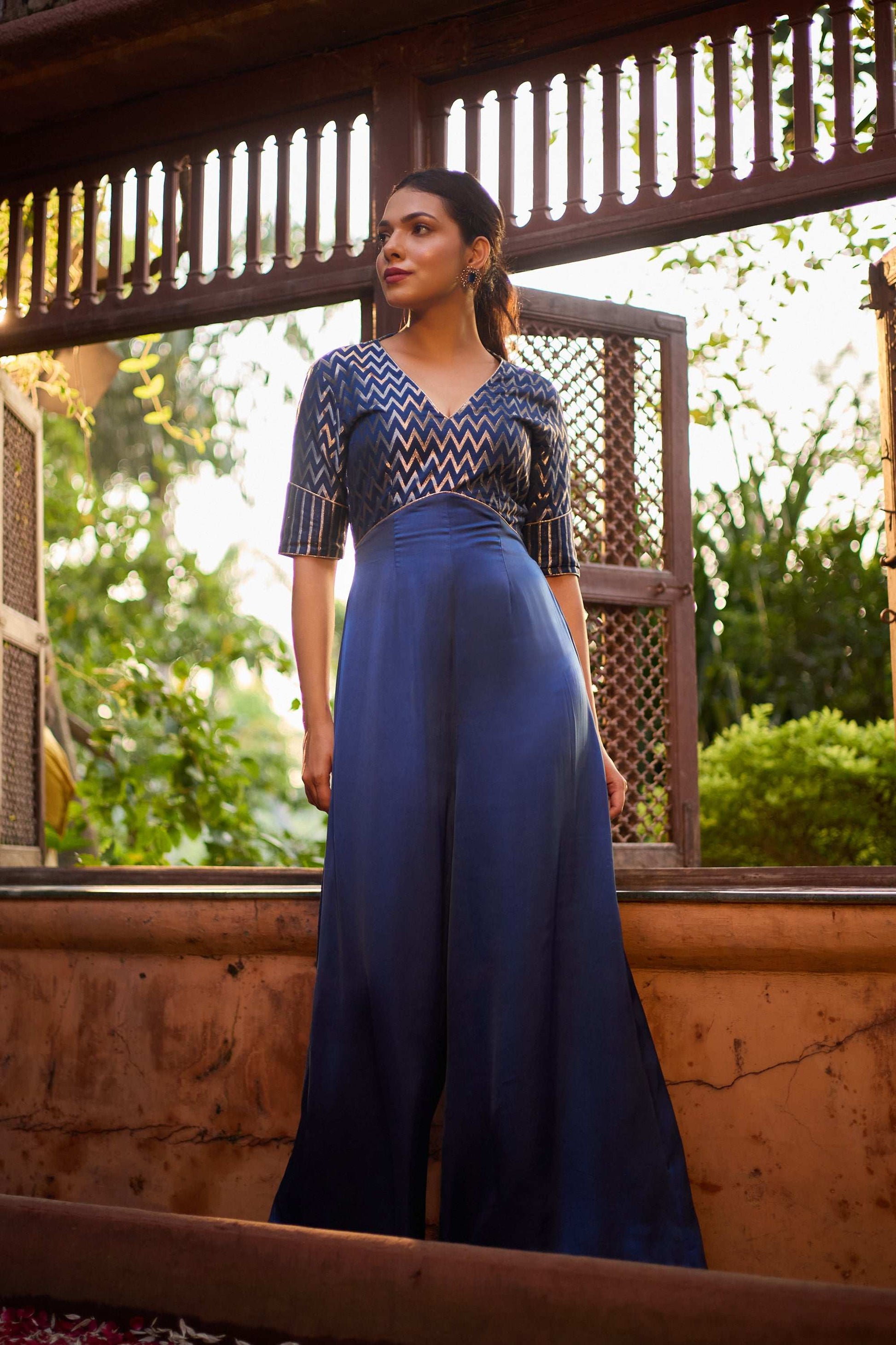 Riyaaz - Chevron Print Silk V Neckline Jumpsuit for Women Fusion Jumpsuit Fusion Jumpsuit